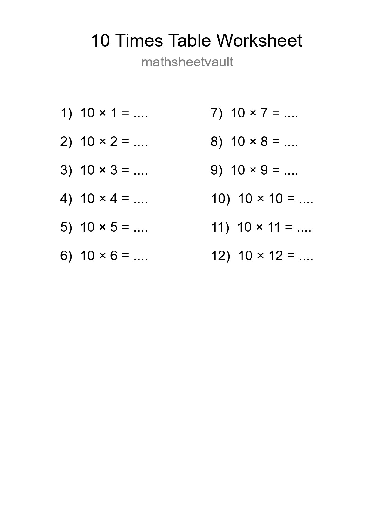 10 Times Table Worksheet For Grade 3 With Answers - Part 251