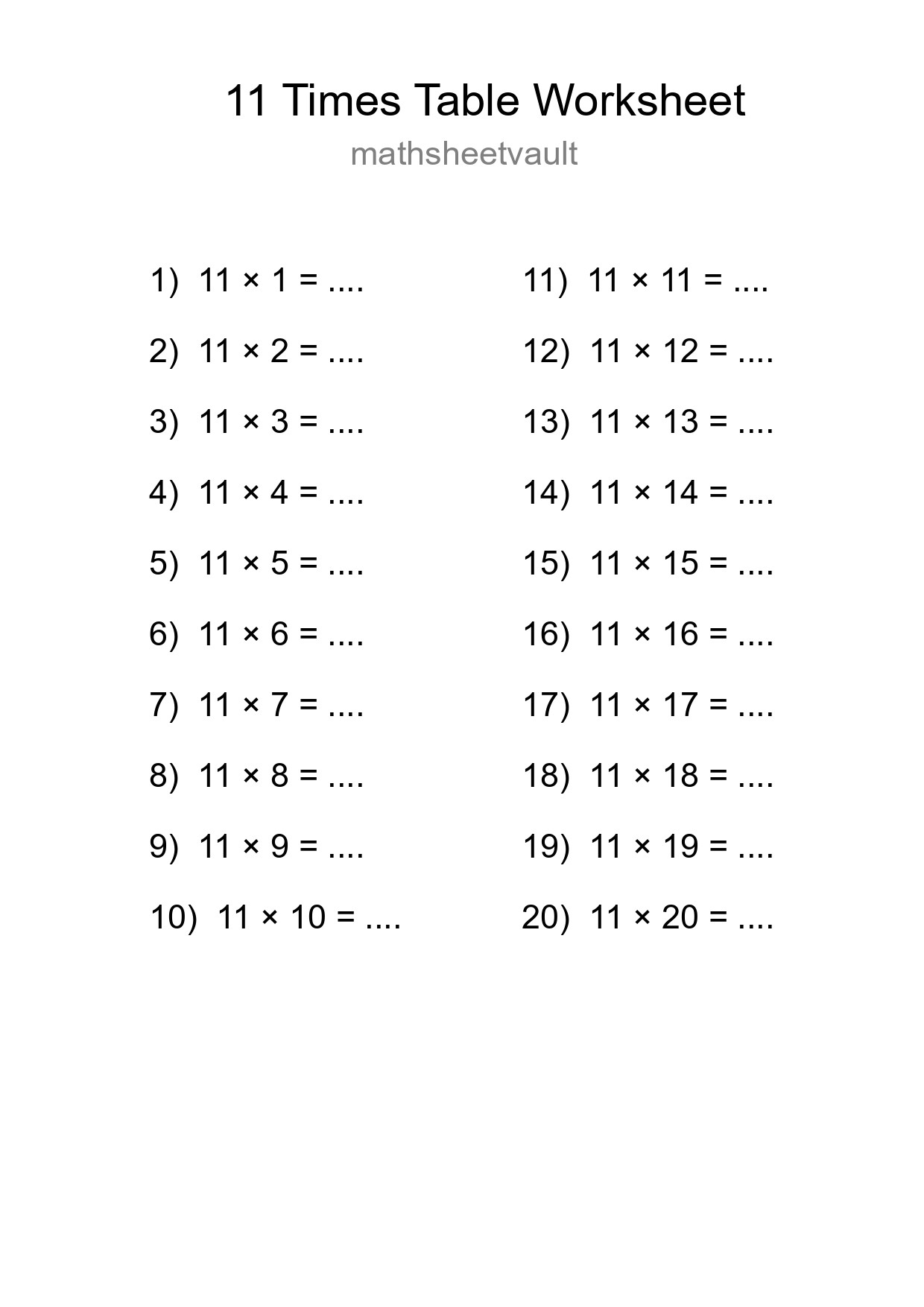 11 Times Table Worksheet For Grade 4 - Part 119