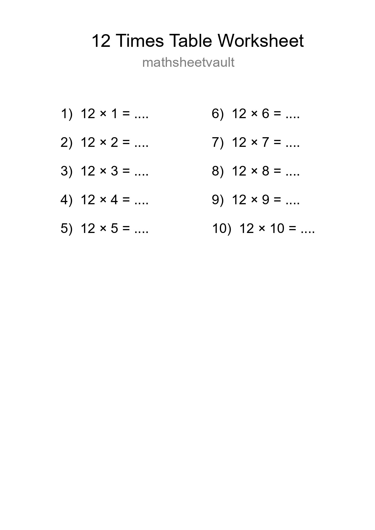12 Times Table Worksheet For Grade 4 With Answers - Part 86