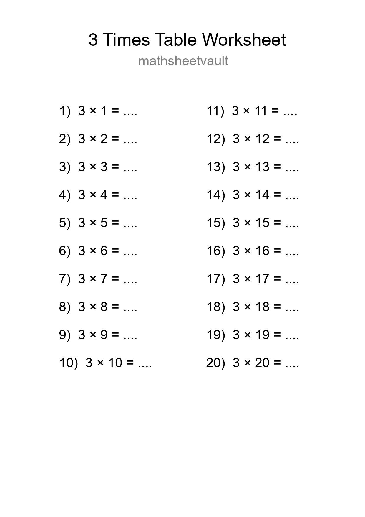 3 Times Table Worksheet For Grade 2 With Answers - Part 207