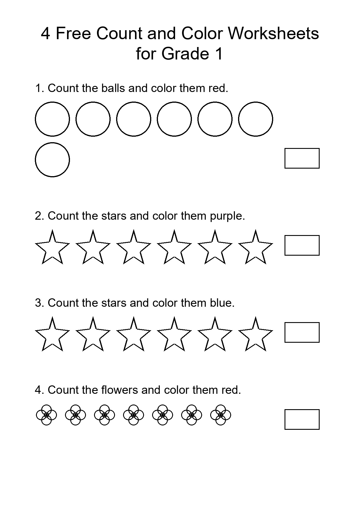 4 Free Count and Color Worksheets for Grade 1