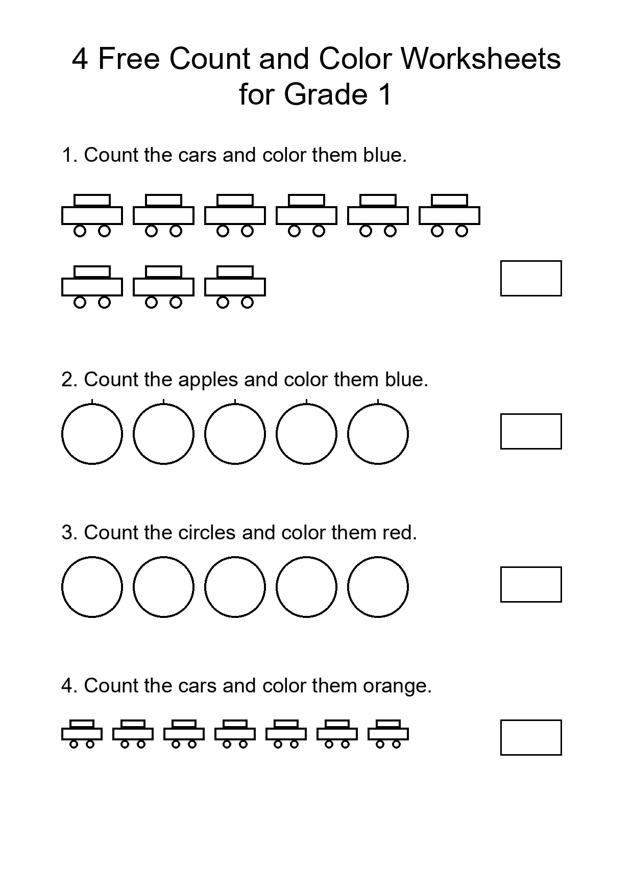 4 Free Count and Color Worksheets for Grade 1