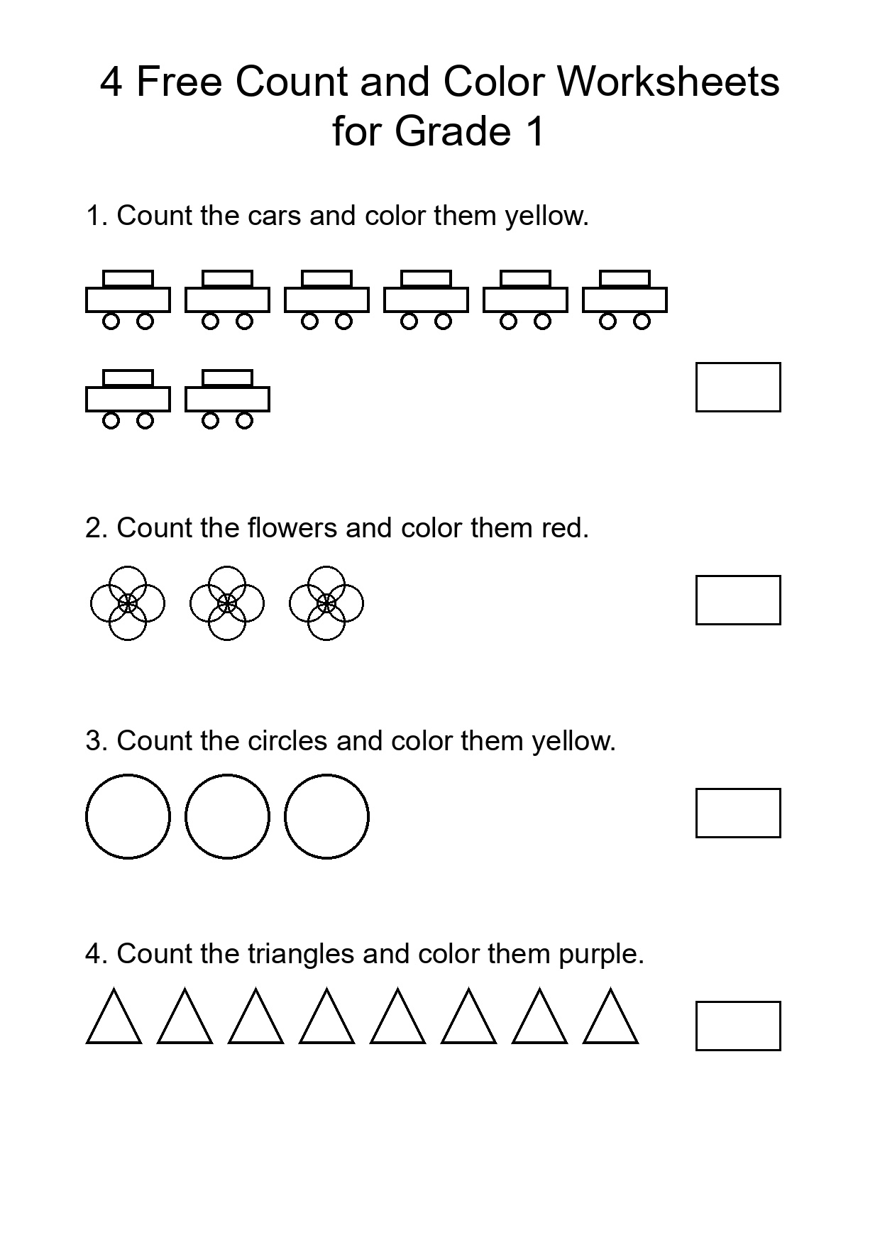 4 Free Count and Color Worksheets for Grade 1