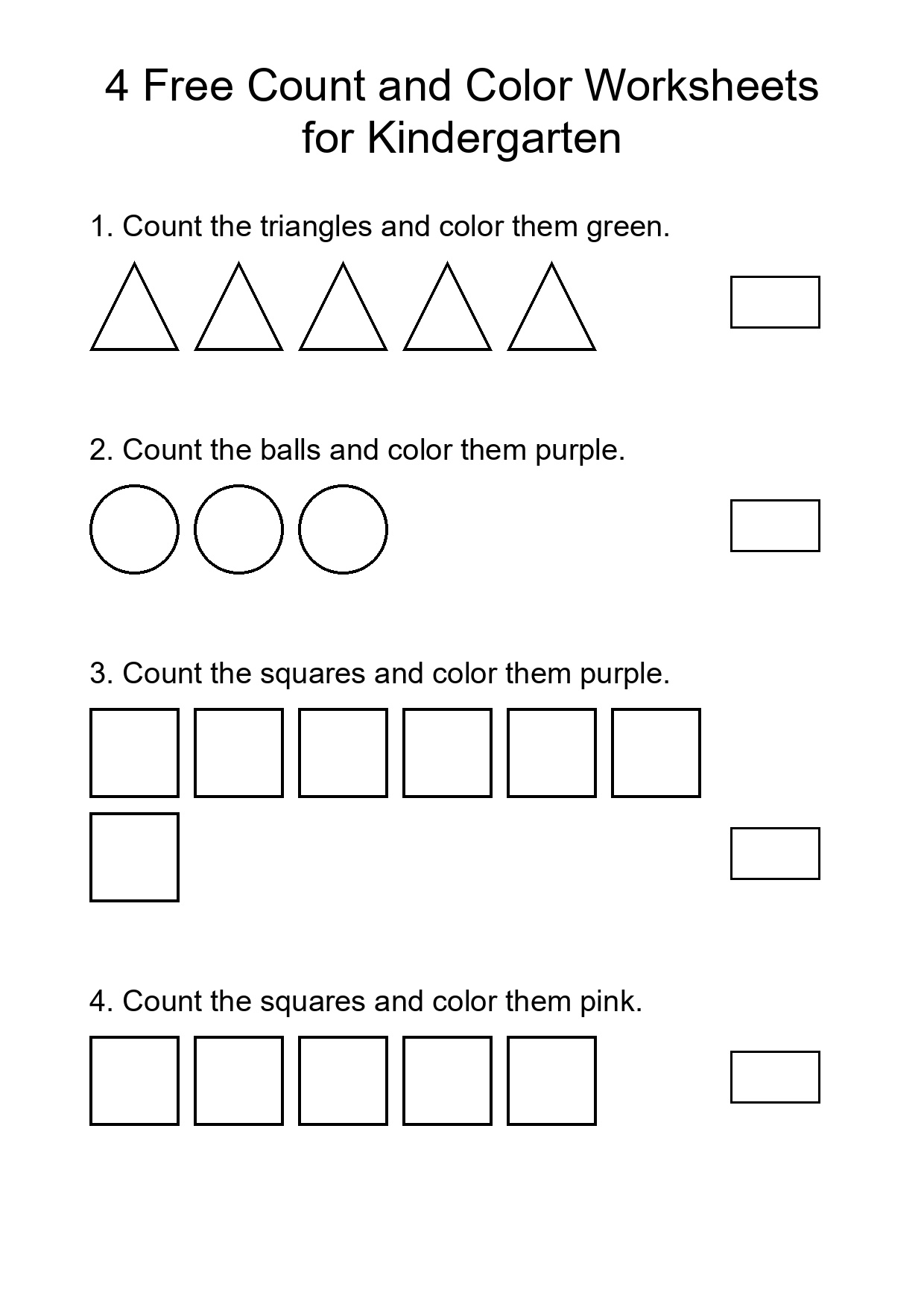 4 Free Count and Color Worksheets for Kindergarten