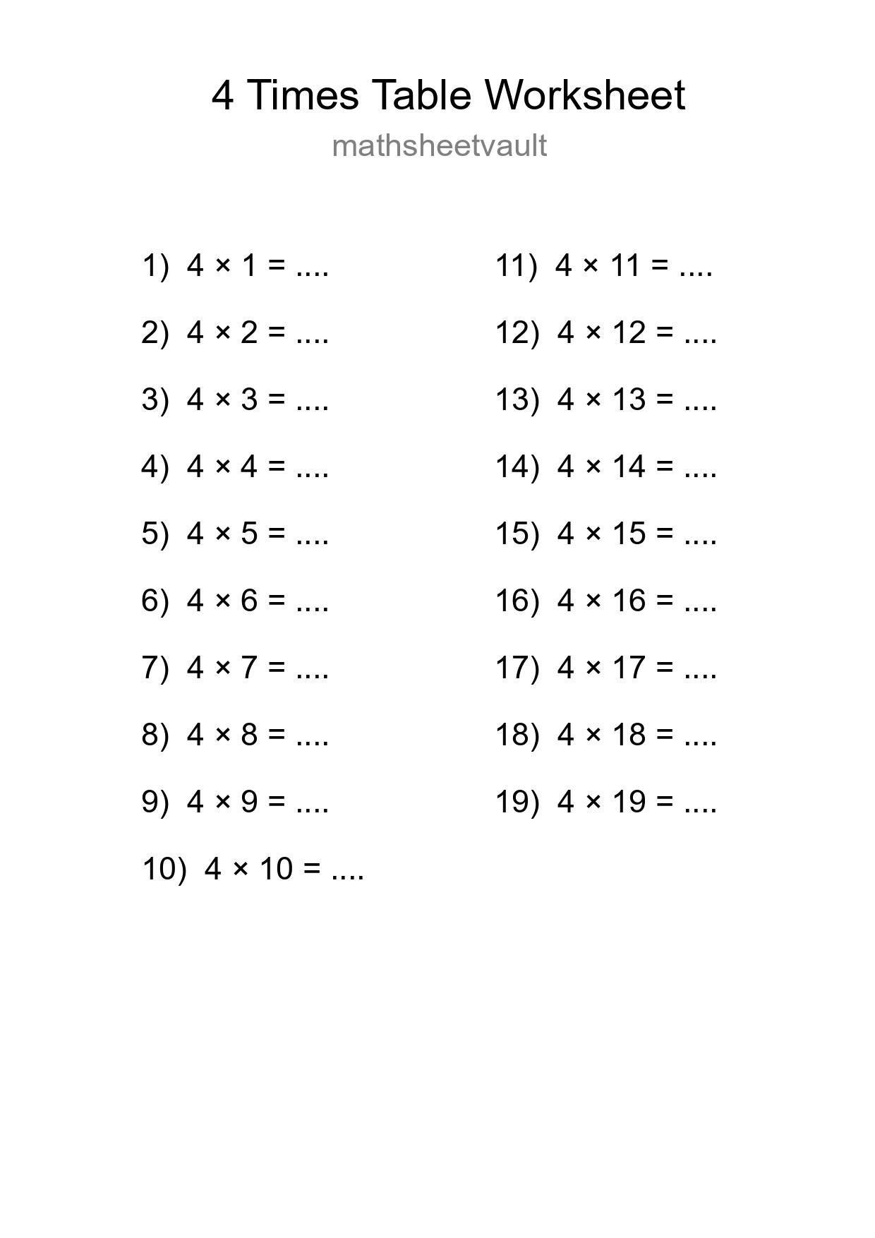 4 Times Table Worksheet For Grade 2 - Part 97