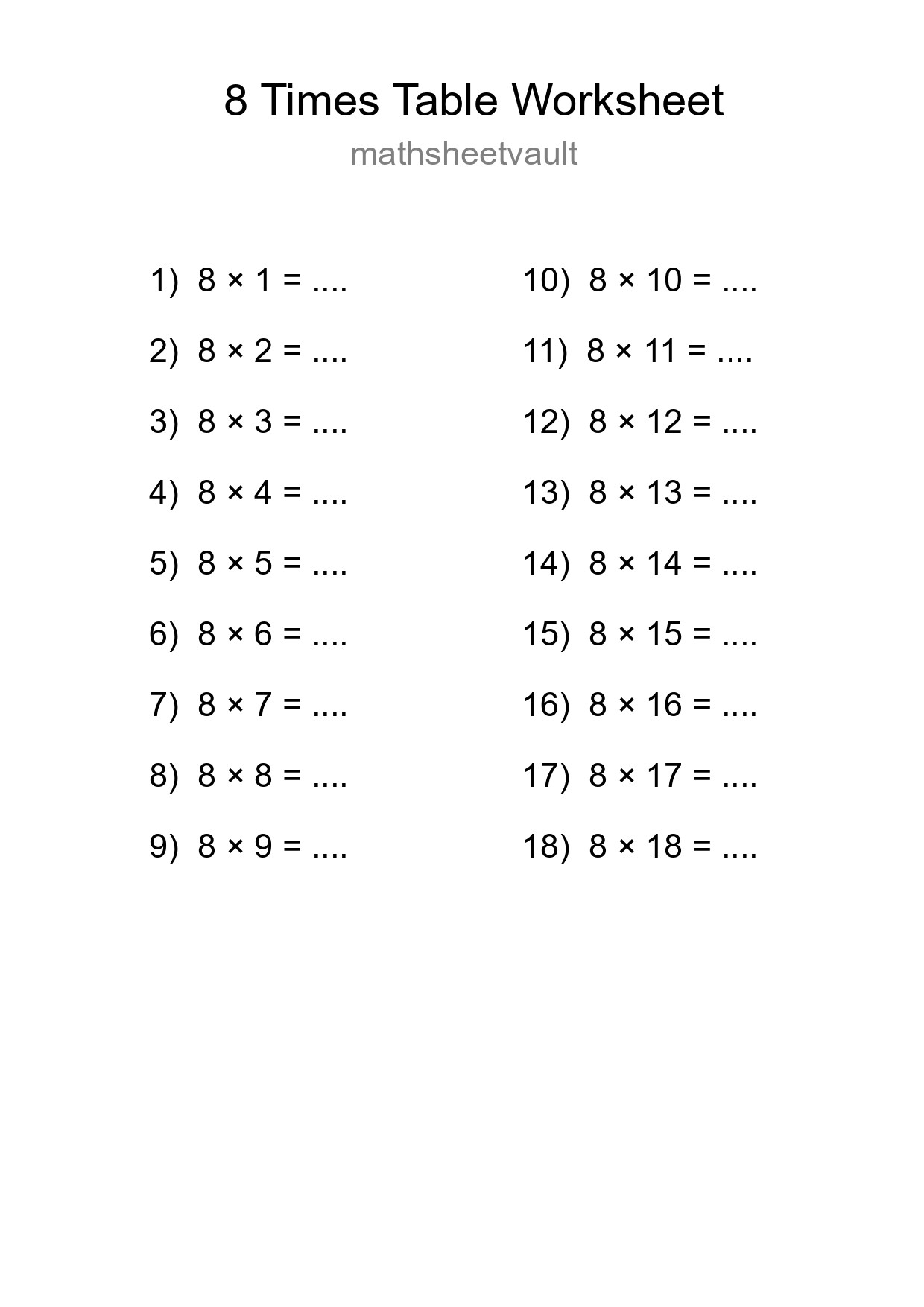 8 Times Table Worksheet For Grade 3 With Answers - Part 240