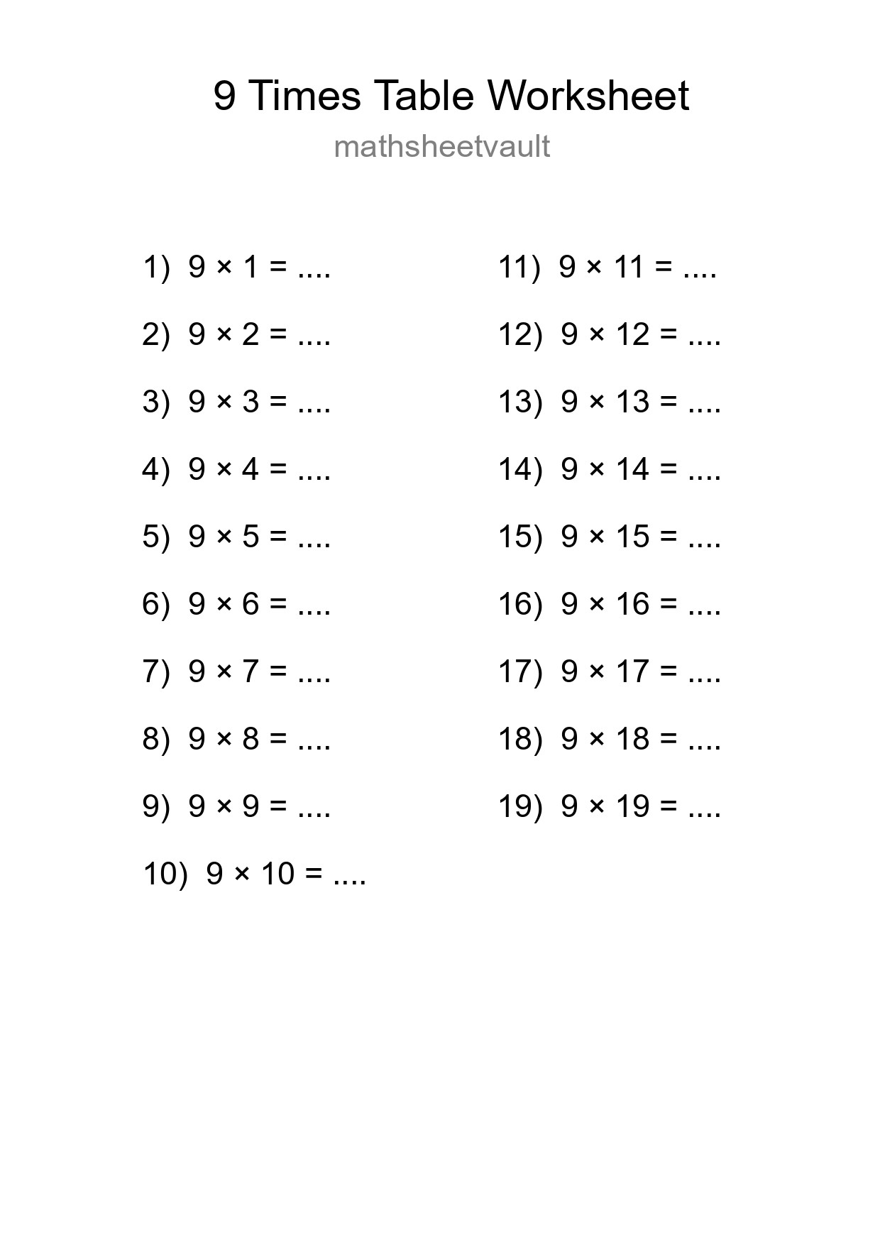 9 Times Table Worksheet For Grade 3 - Part 284
