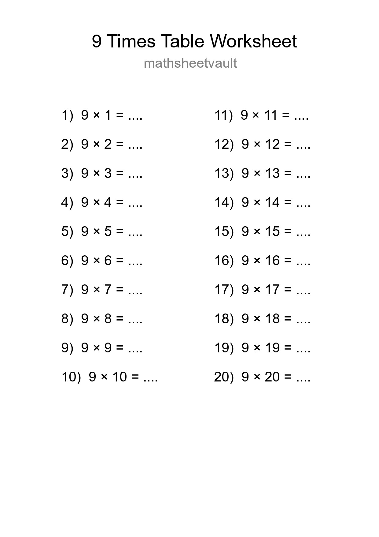 9 Times Table Worksheet For Grade 3 With Answers - Part 108