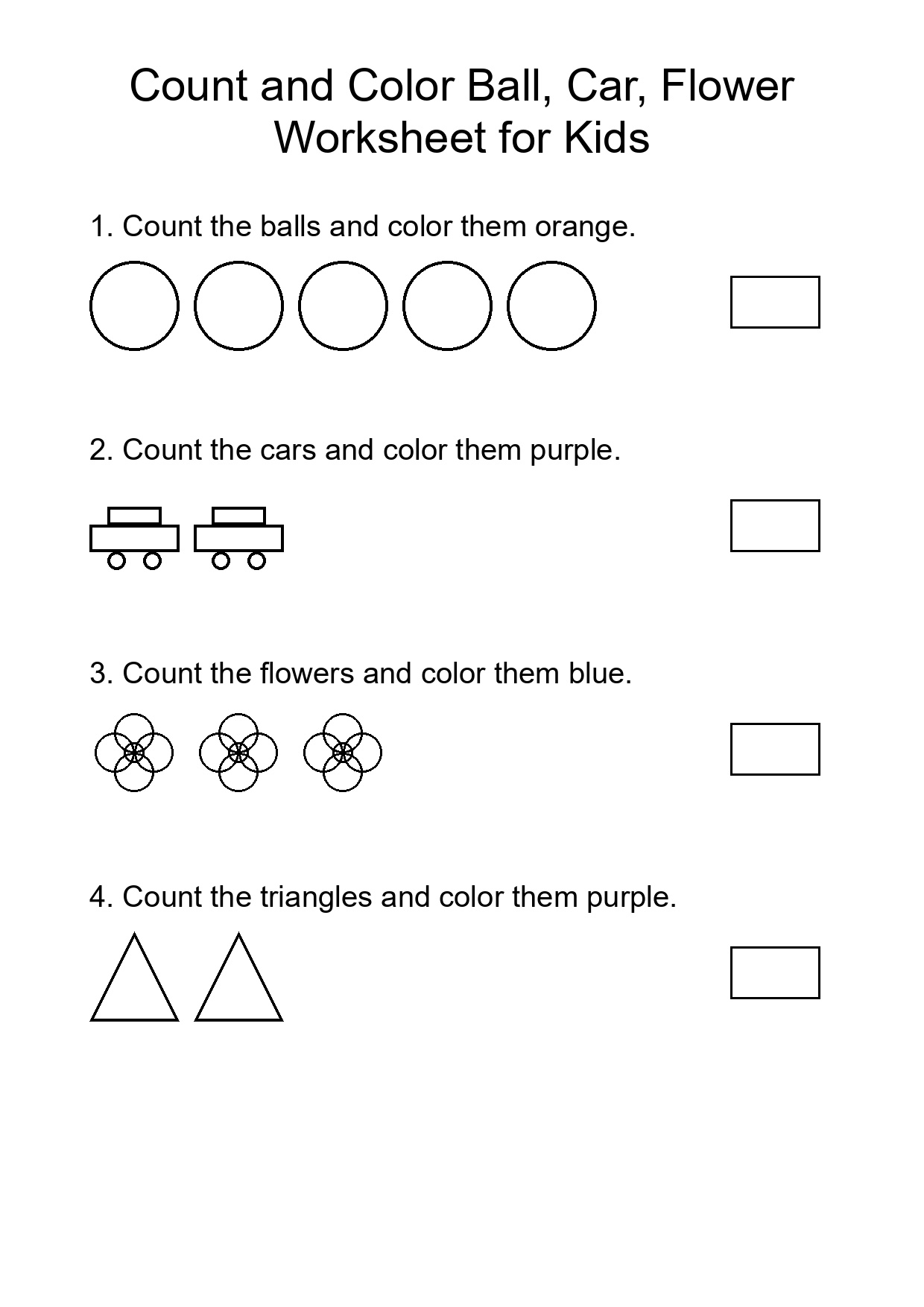 Count and Color Ball, Car, Flower Worksheet for Kids