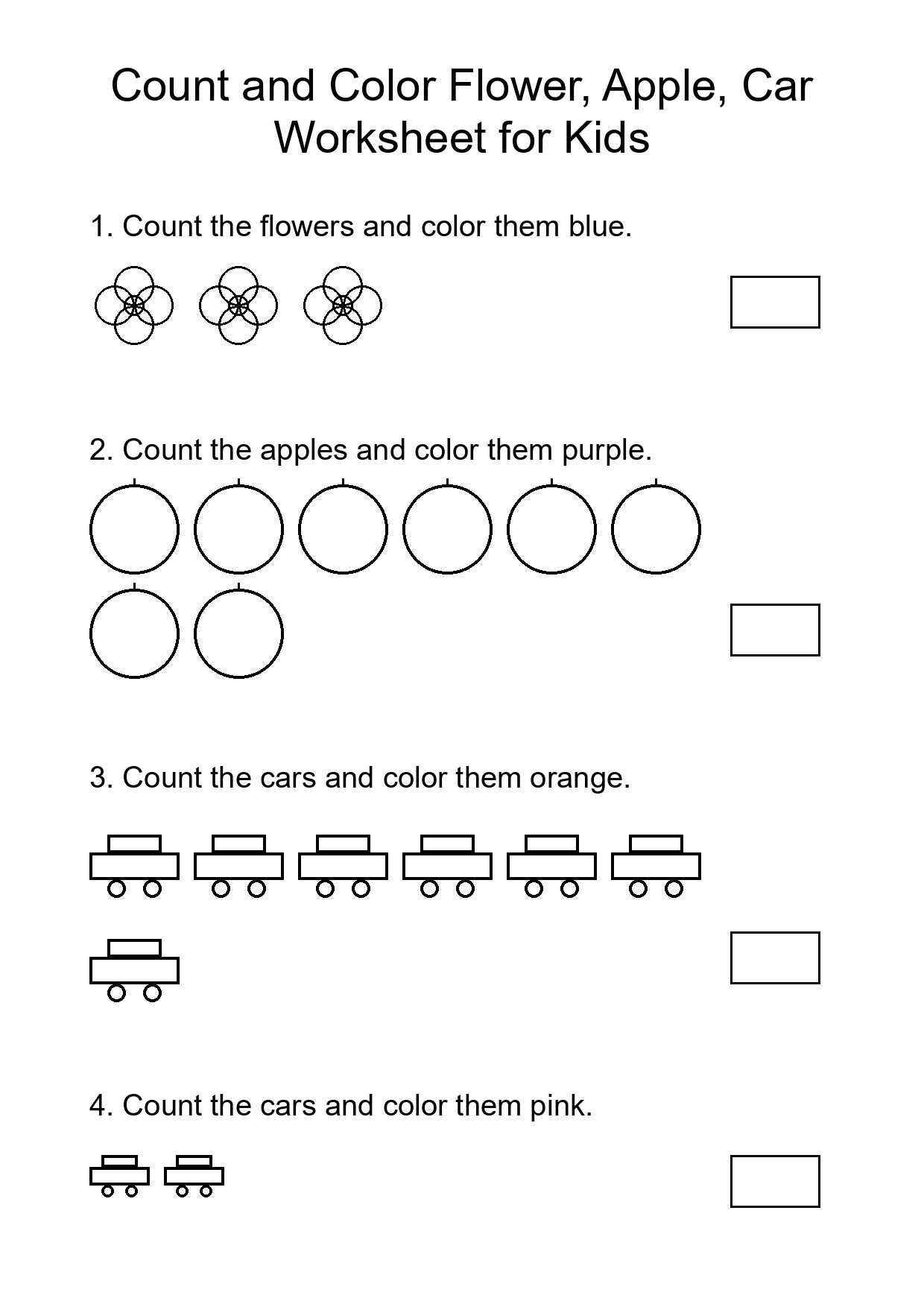 Count and Color Flower, Apple, Car Worksheet for Kids