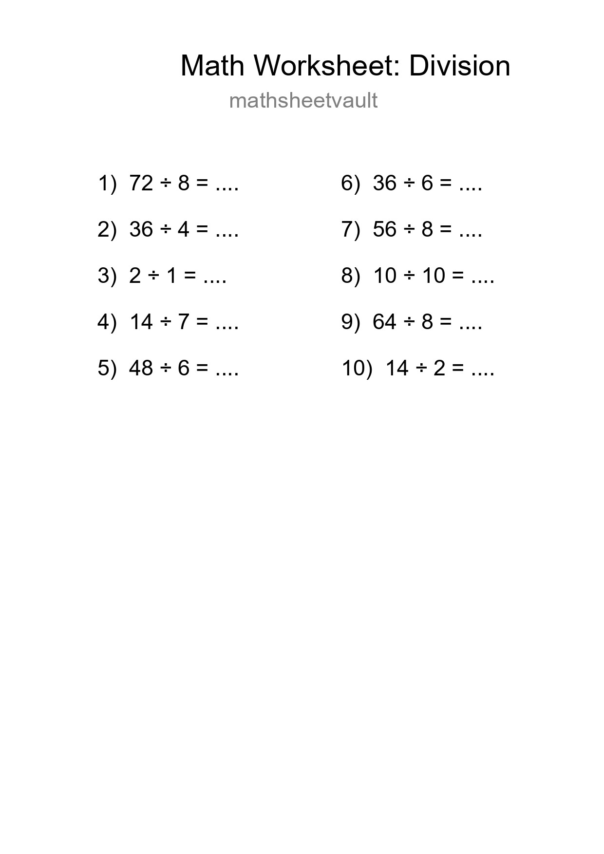 Free 10 Division Math Worksheet For Grade 1 With Answers - Part 180