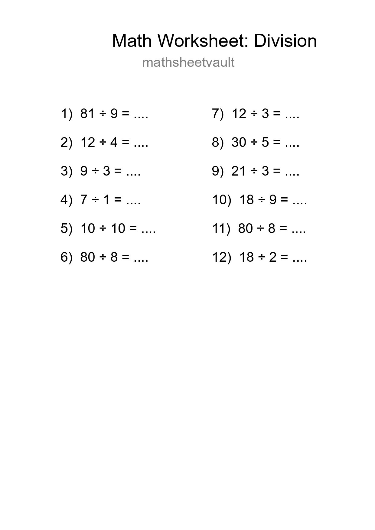 Free 12 Division Math Worksheet For Grade 1 With Answers - Part 290