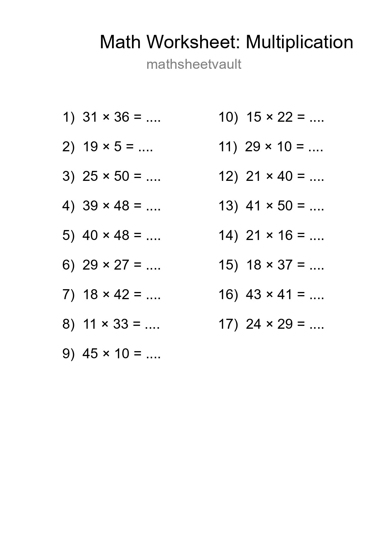 Free 17 Multiplication Math Worksheet For Grade 2 With Answers - Part 150