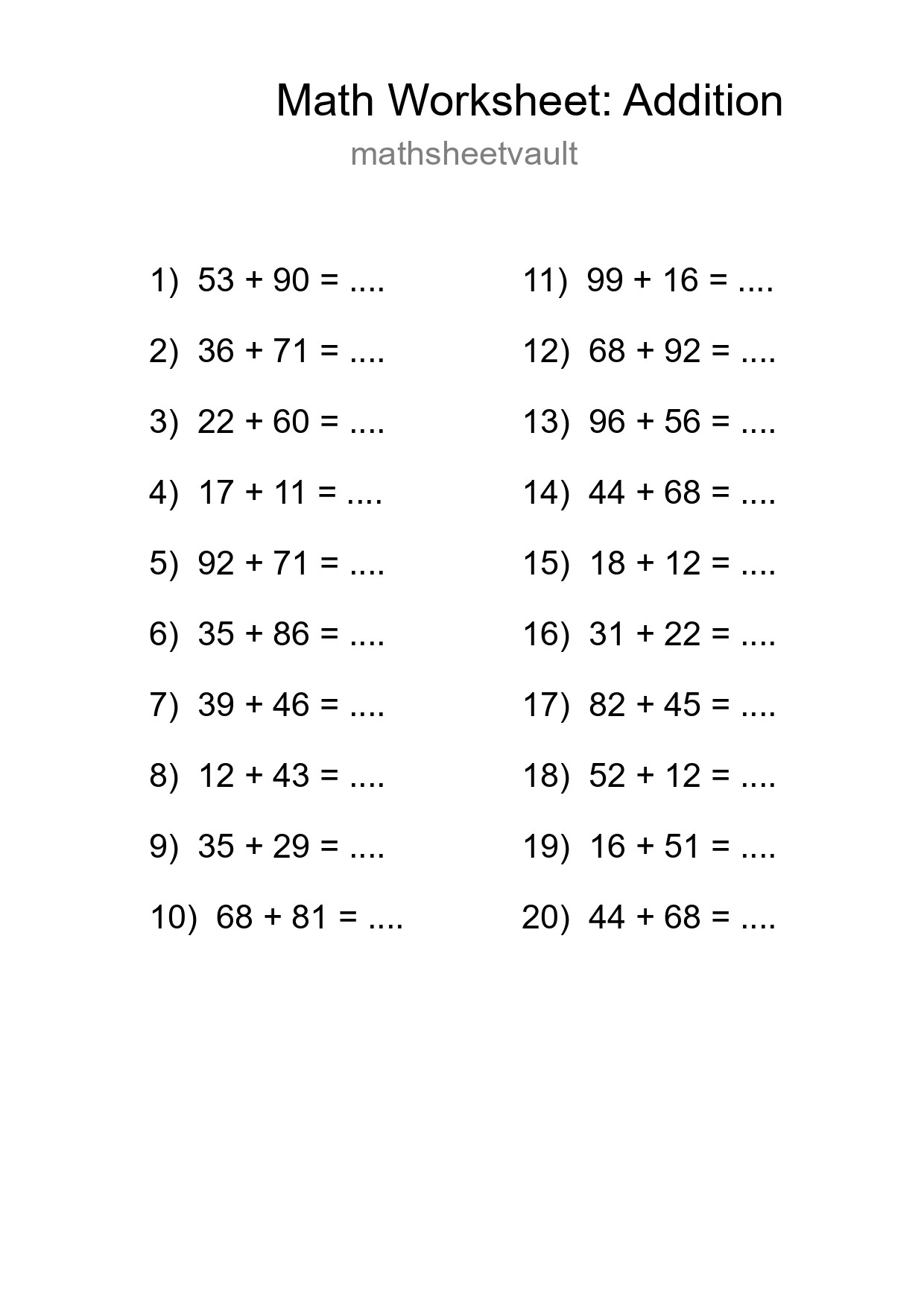 Free 20 Addition Math Worksheet For Grade 3 With Answers - Part 287