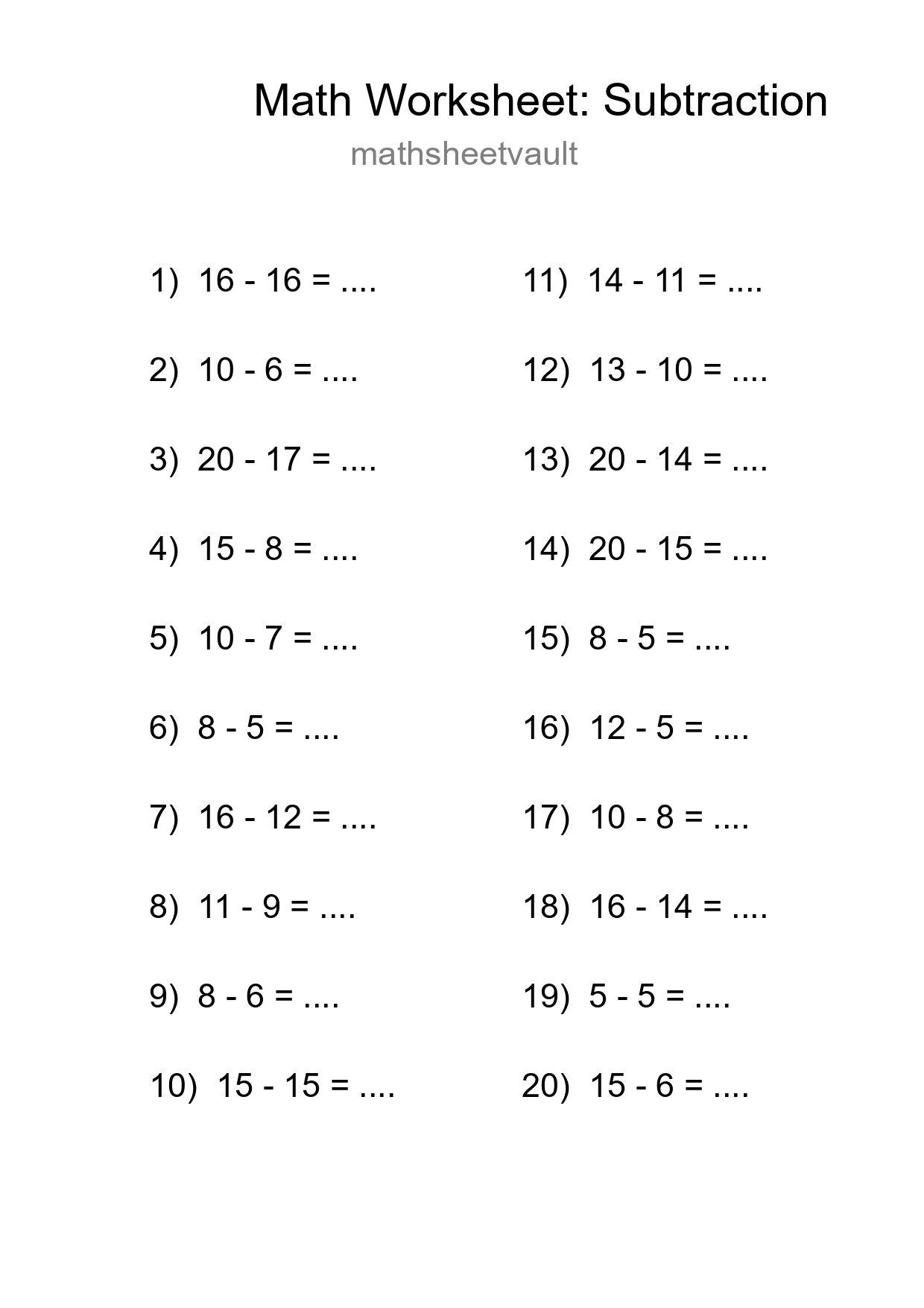 Free 20 Subtraction Math Worksheet For Grade 2 - Part 151