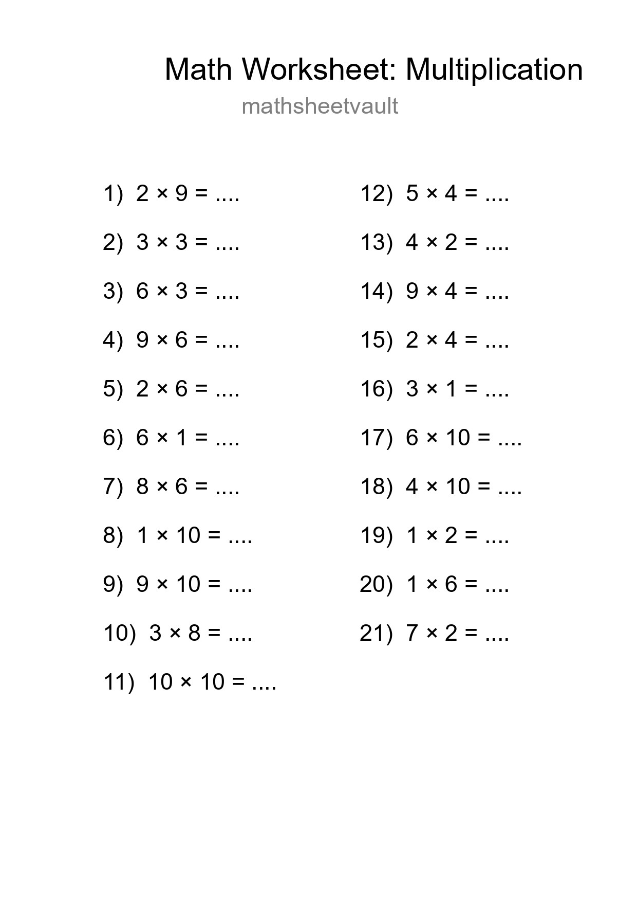 Free 21 Multiplication Math Worksheet For Grade 1 With Answers - Part 18
