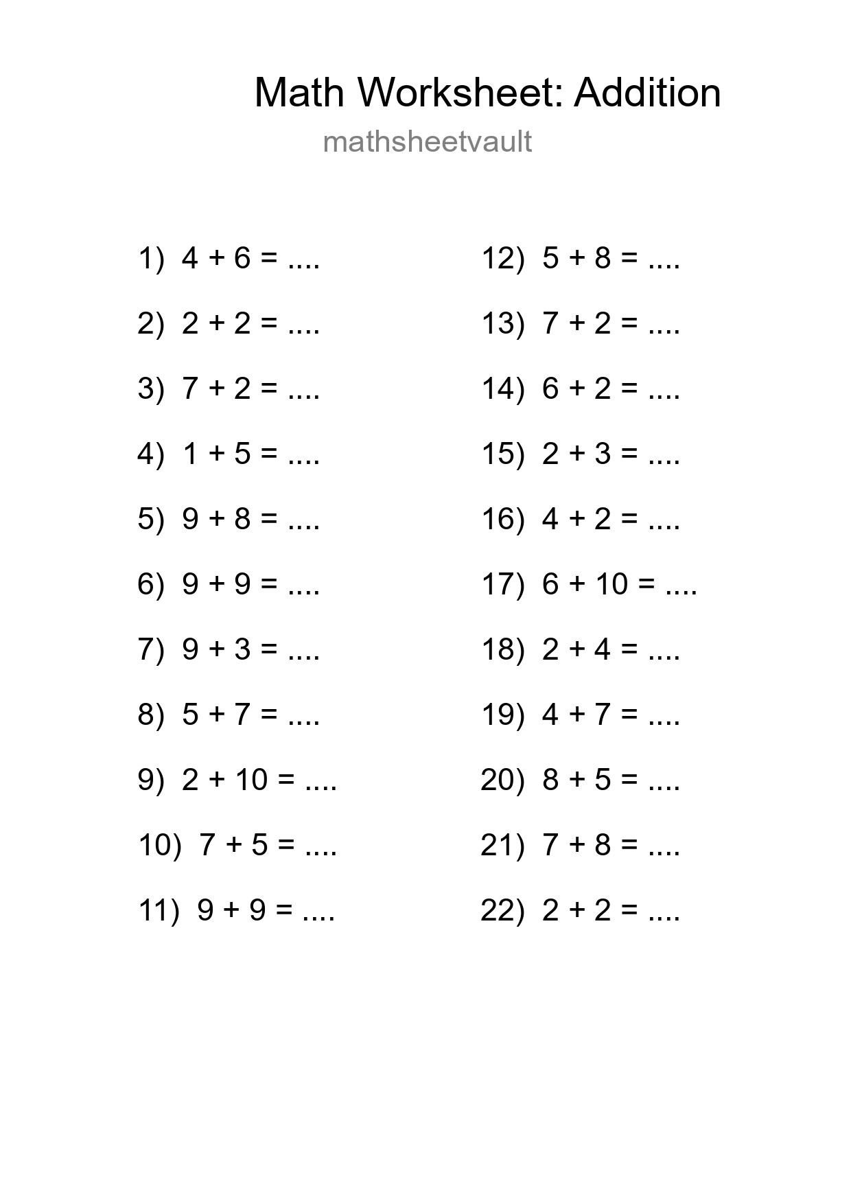 Free 22 Addition Math Worksheet For Grade 1 With Answers - Part 56