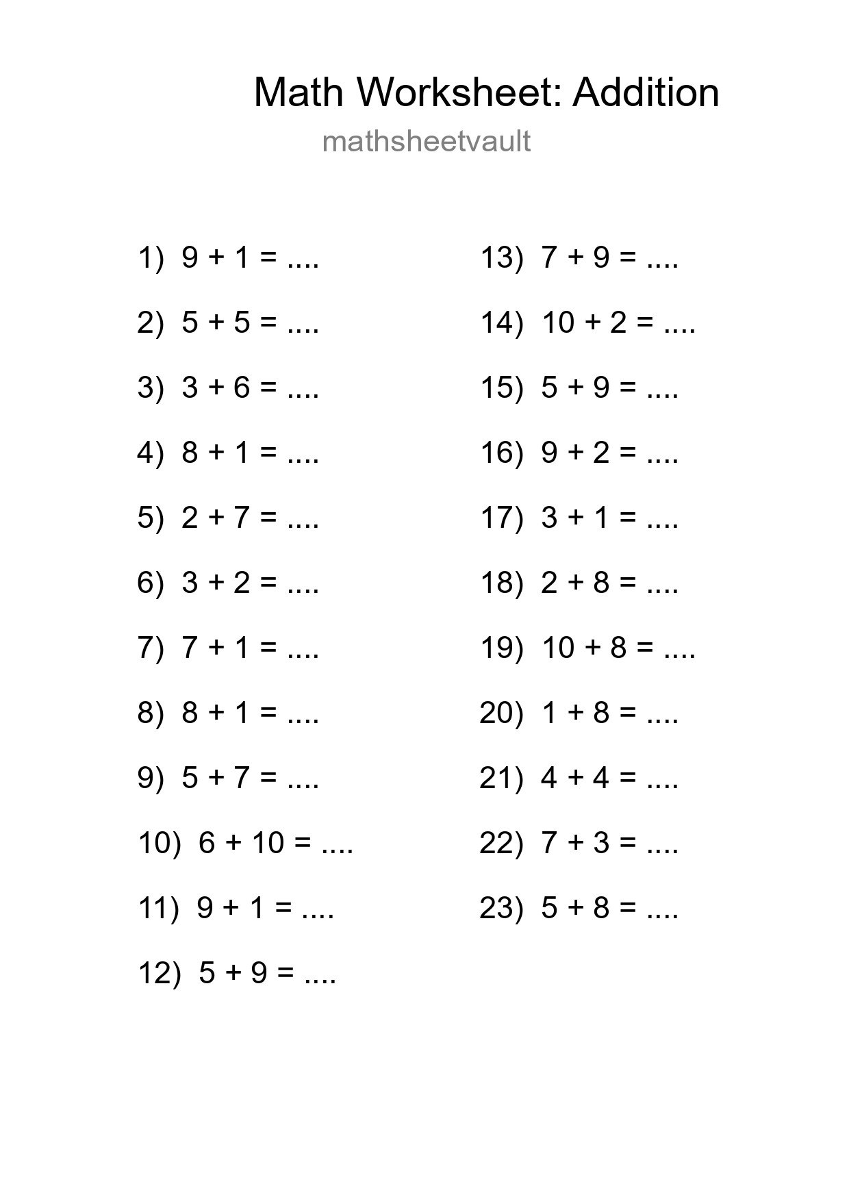 Free 23 Addition Math Worksheet For Grade 1 With Answers