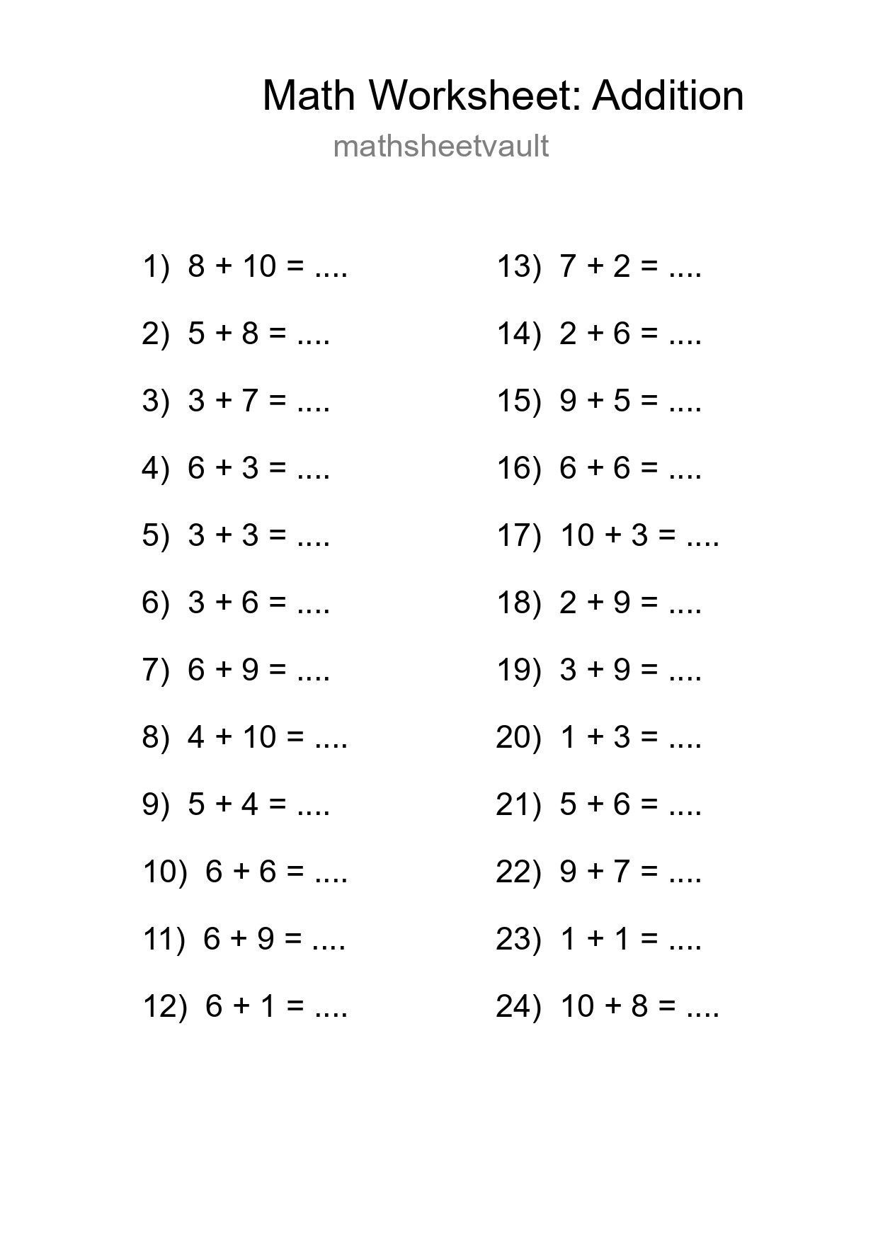 Free 24 Addition Math Worksheet For Grade 1 With Answers - Part 276