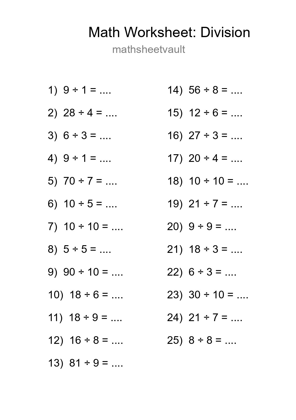 Free 25 Division Math Worksheet For Grade 1 With Answers - Part 224
