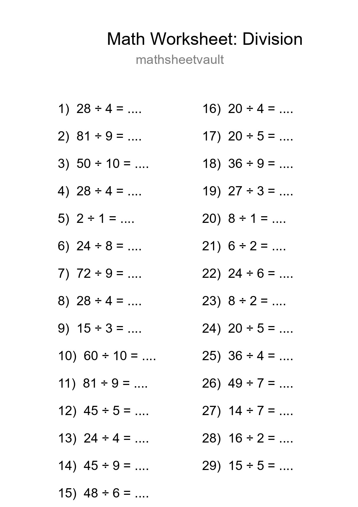 Free 29 Division Math Worksheet For Grade 1 With Answers - Part 246