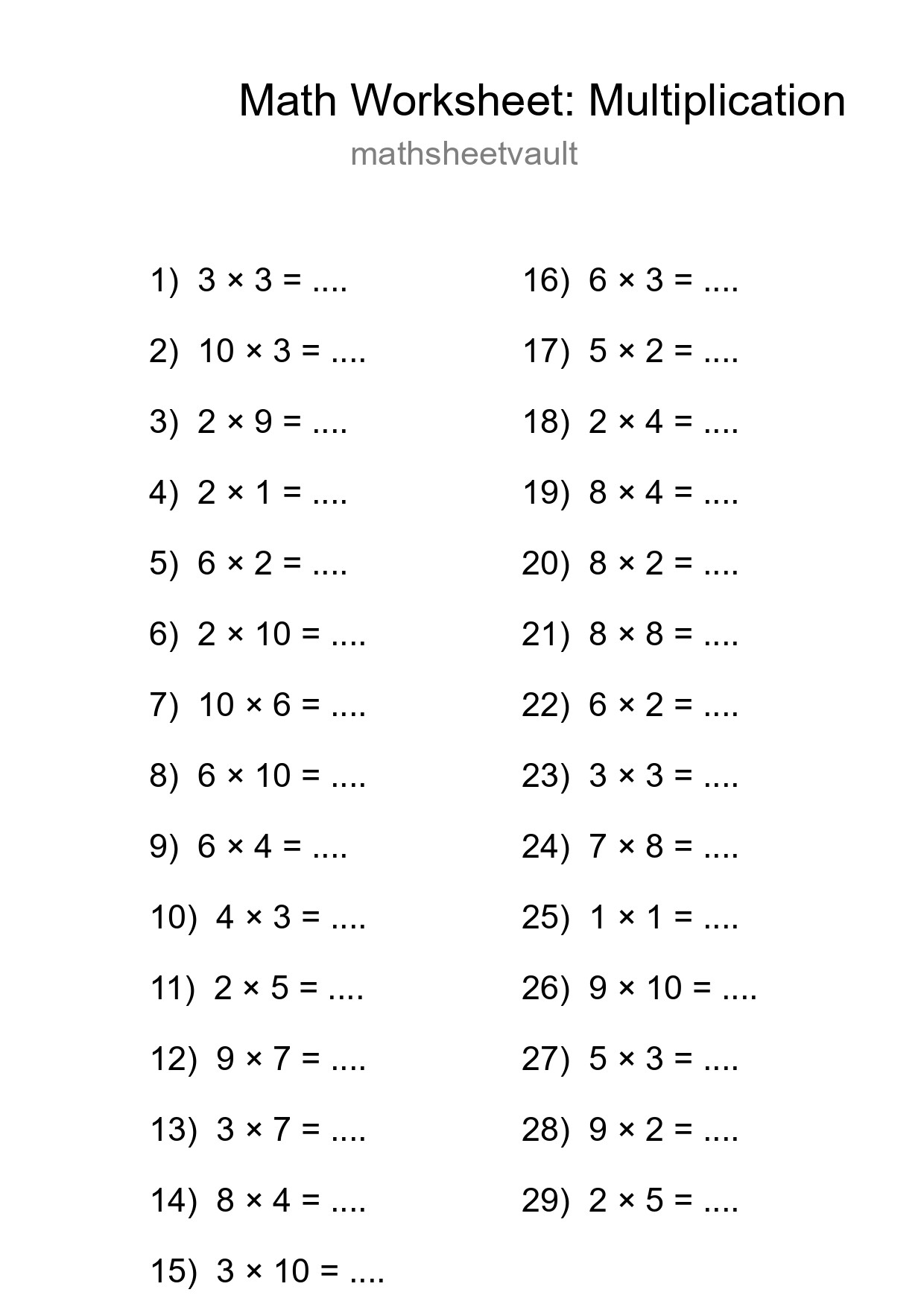 Free 29 Multiplication Math Worksheet For Grade 1 - Part 117