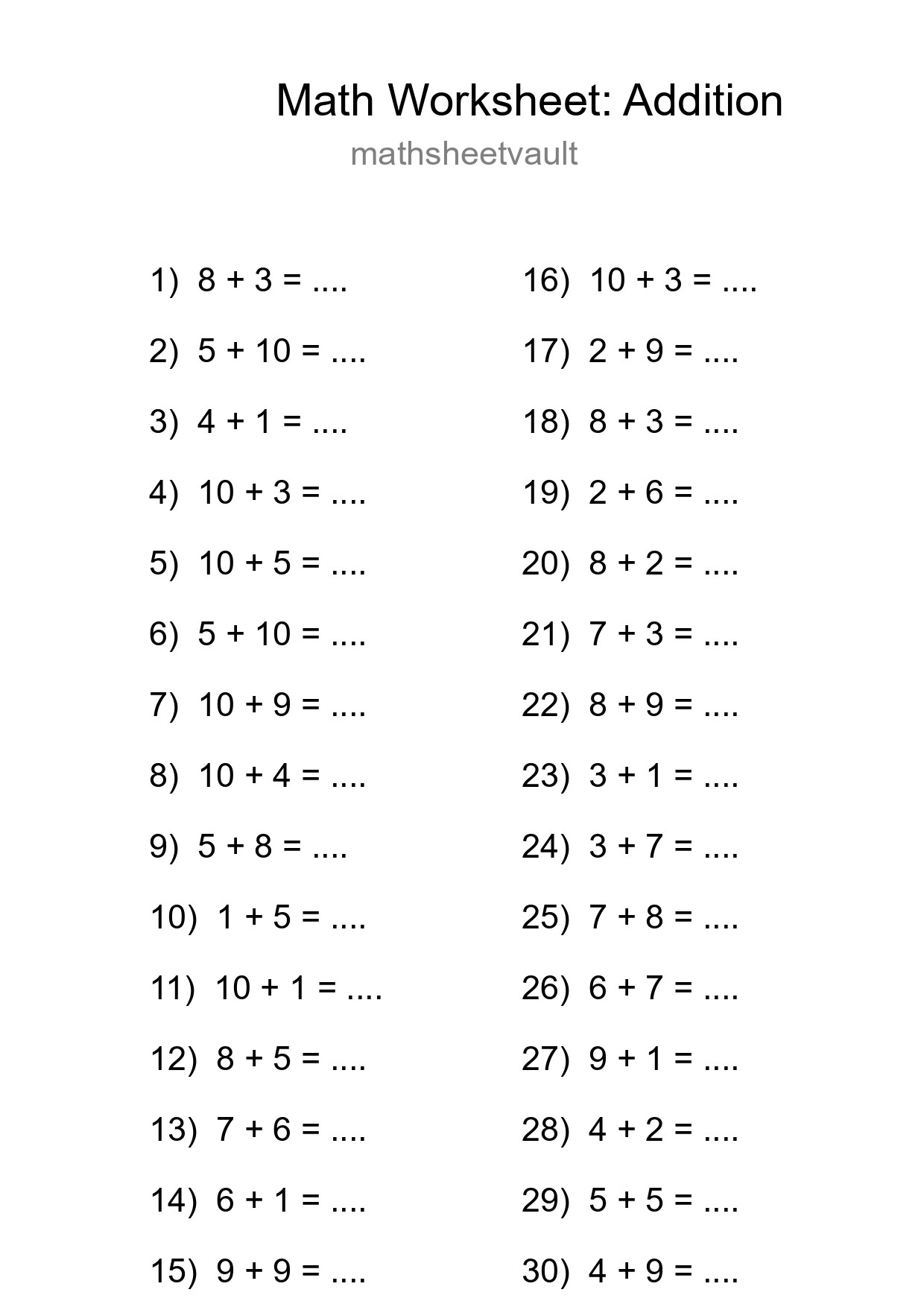 Free 30 Addition Math Worksheet For Grade 1 With Answers - Part 188
