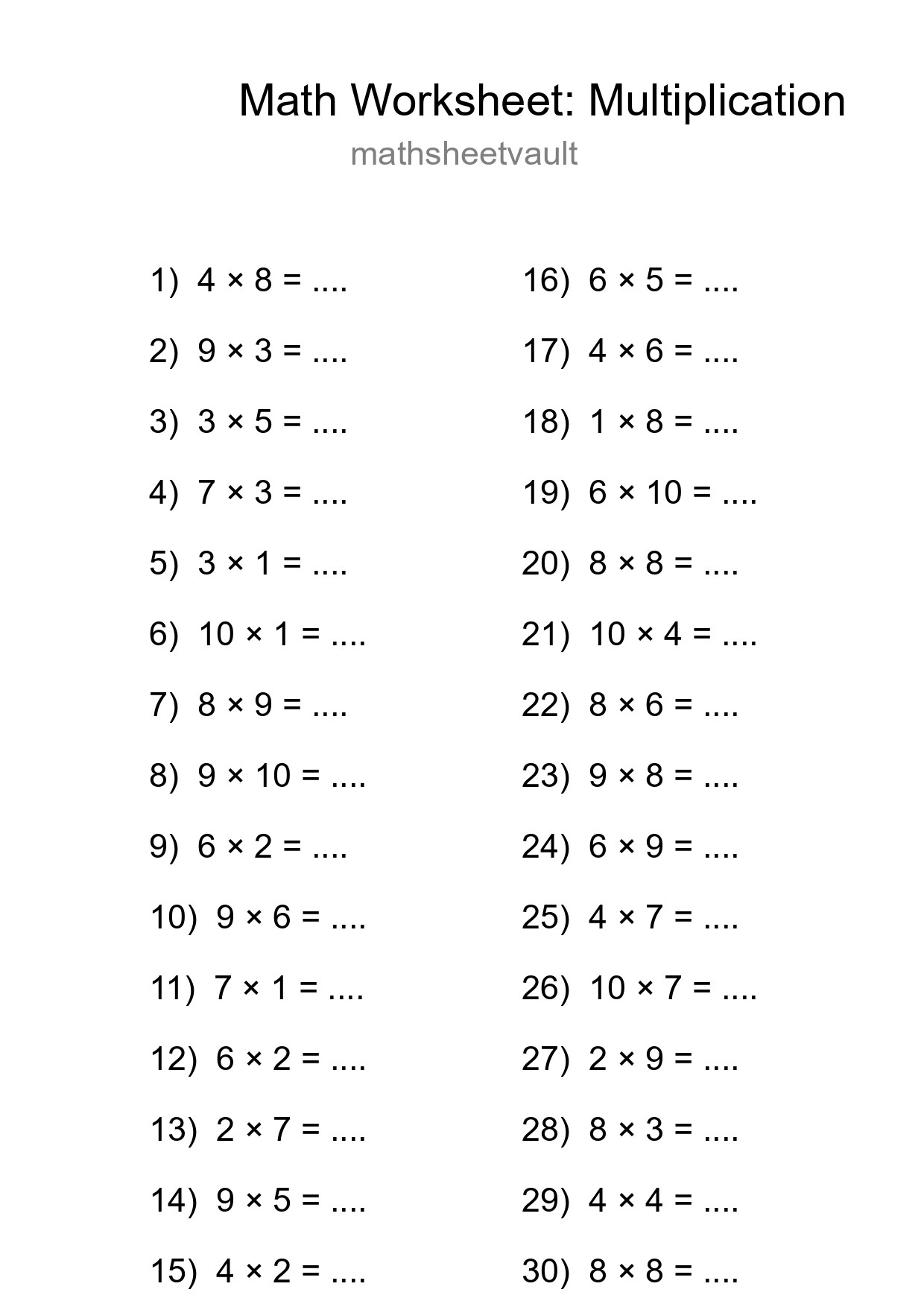 Free 30 Multiplication Math Worksheet For Grade 1 - Part 128