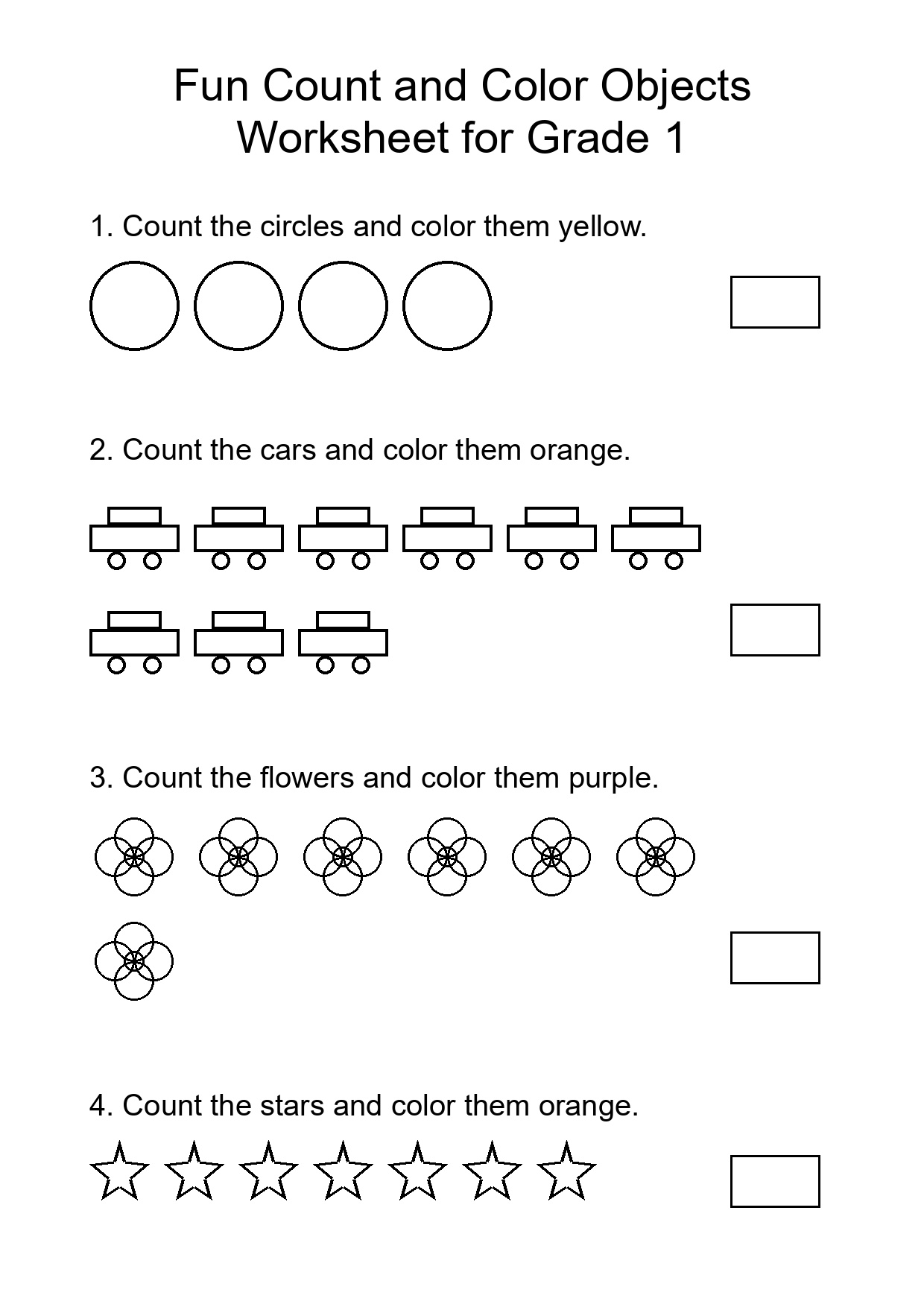 Fun Count and Color Objects Worksheet for Grade 1