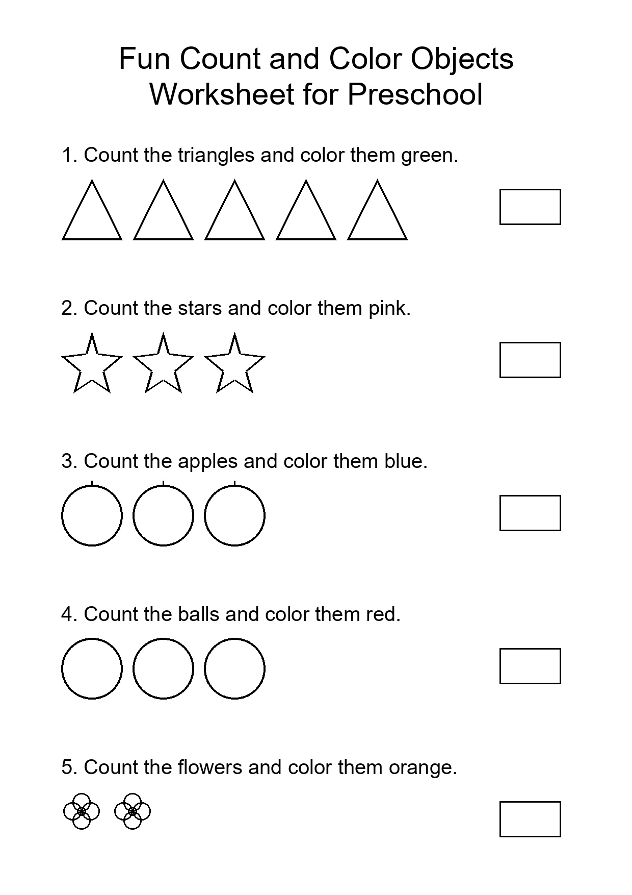 Fun Count and Color Objects Worksheet for Preschool