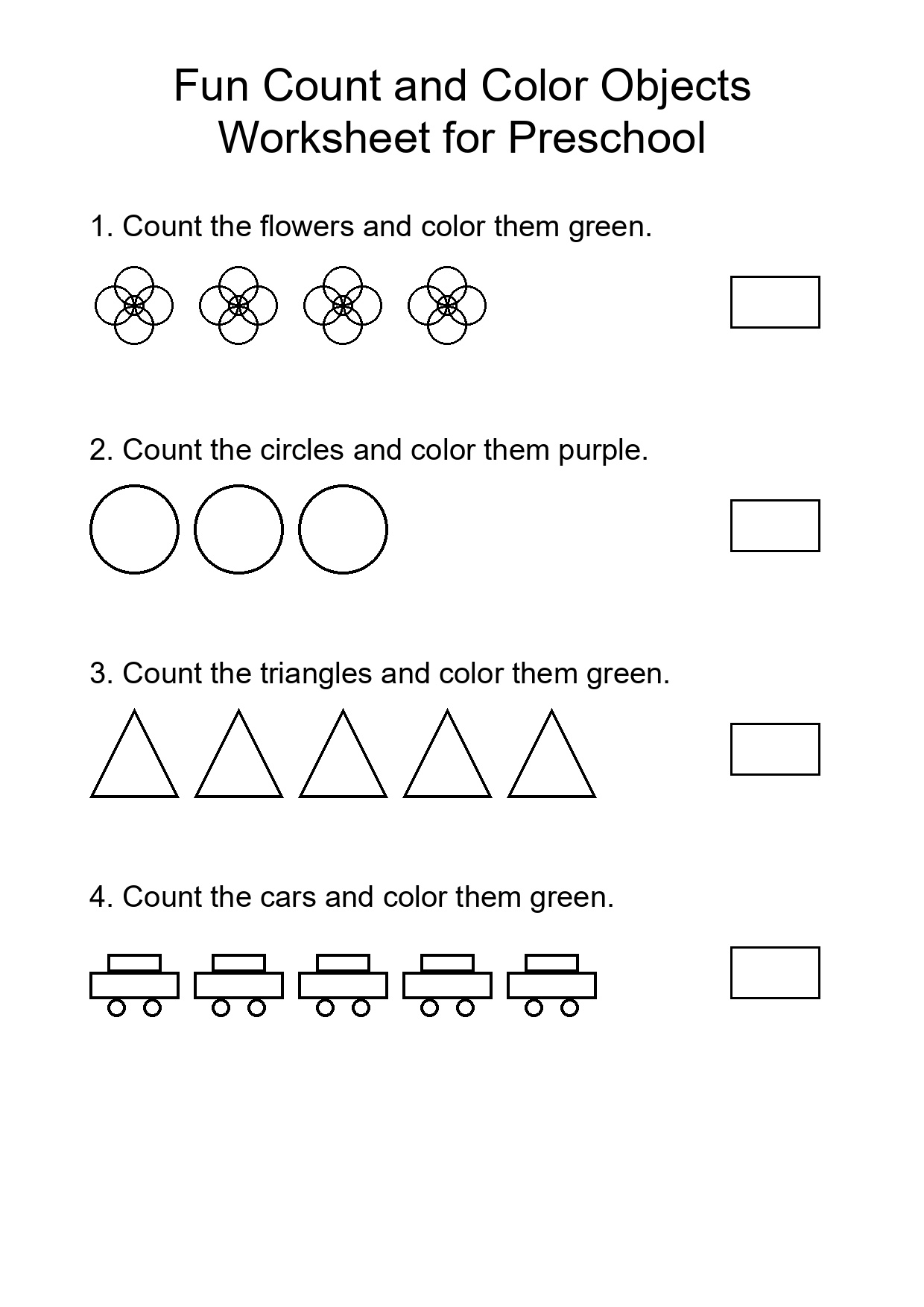 Fun Count and Color Objects Worksheet for Preschool