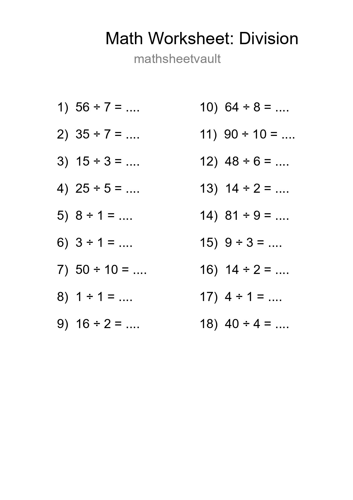 Grade 1 Division Practice Worksheet (18 Problems) - Part 26