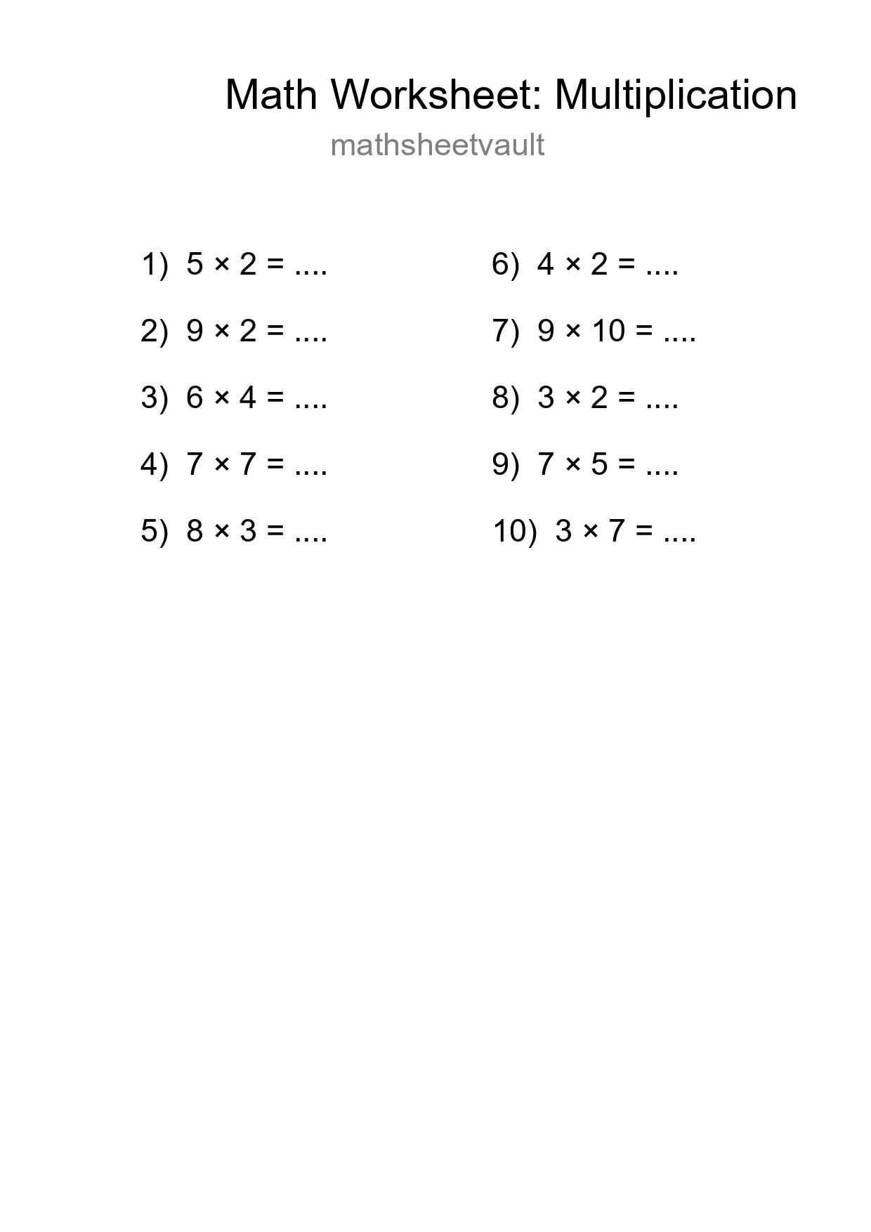 Grade 1 Multiplication Practice Worksheet (10 Problems) - Part 73