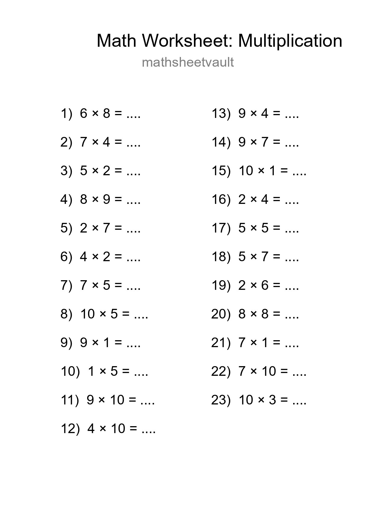Grade 1 Multiplication Practice Worksheet (23 Problems) - Part 84
