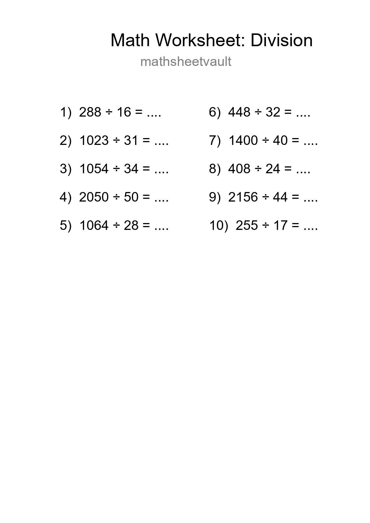 Grade 2 Division Practice Worksheet (10 Problems) - Part 158