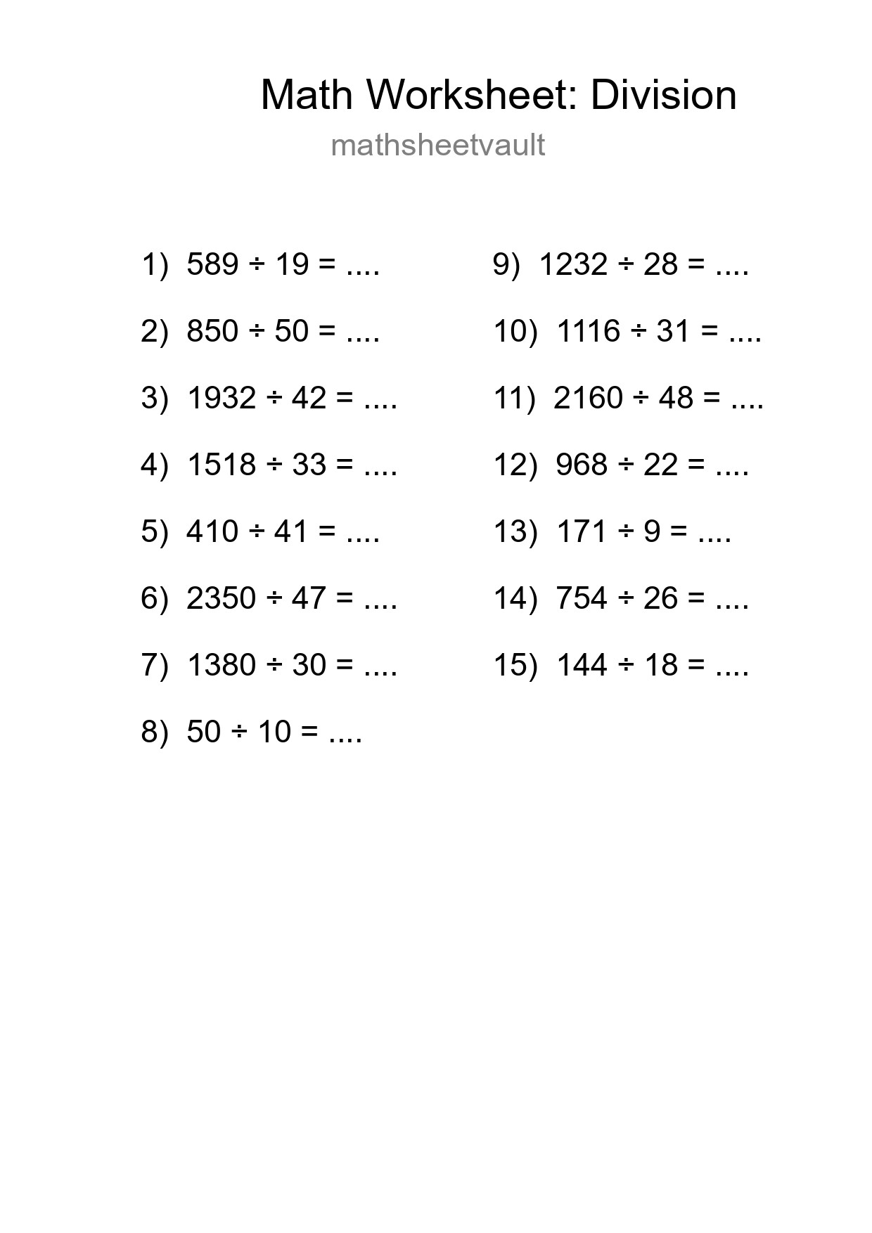 Grade 2 Division Practice Worksheet (15 Problems) - Part 103