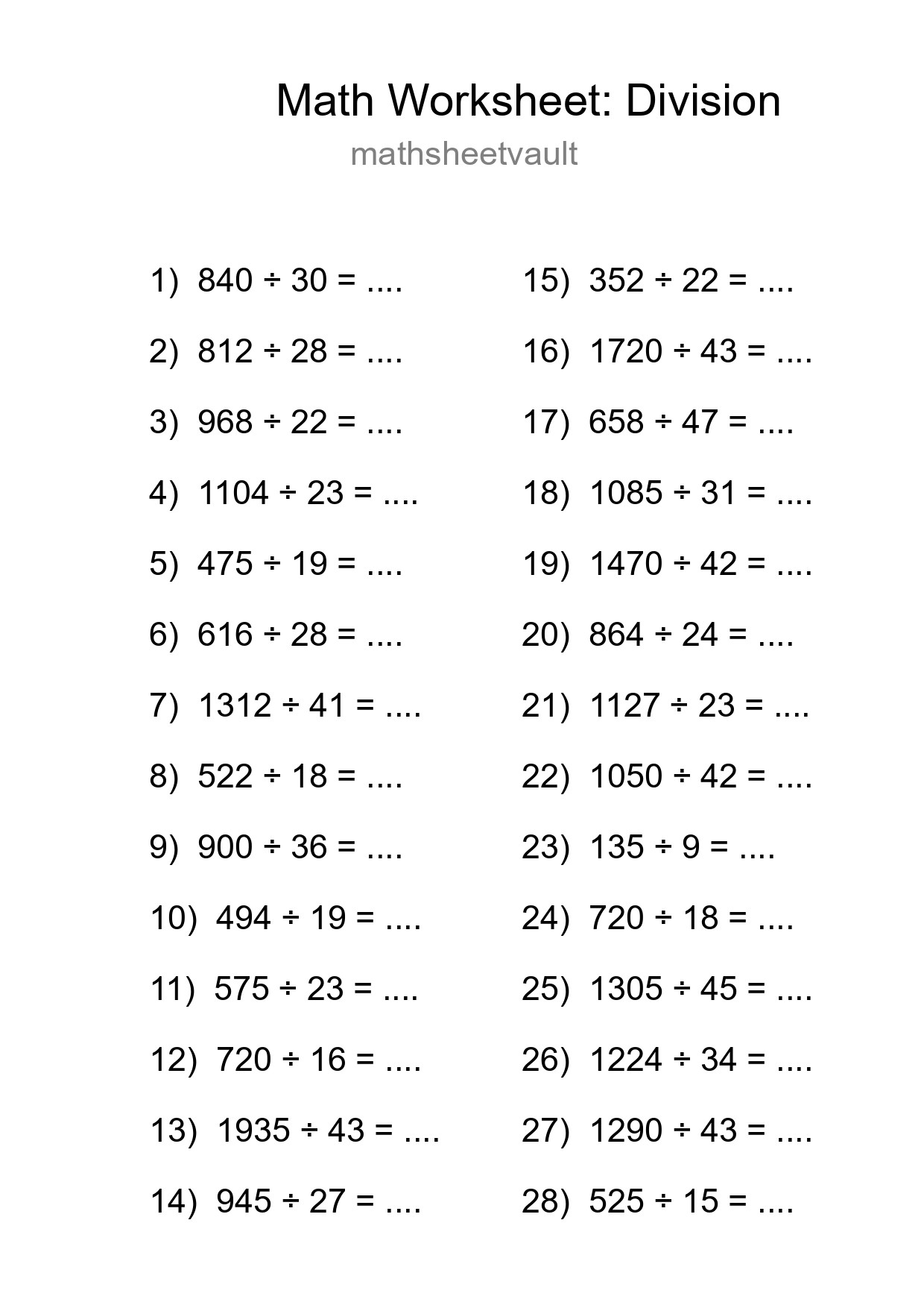 Grade 2 Division Practice Worksheet (28 Problems) - Part 125