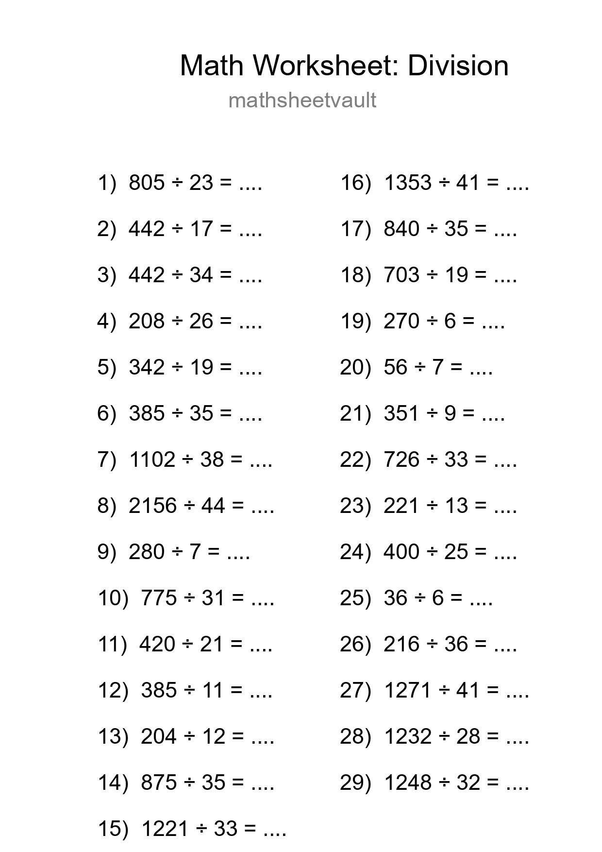 Grade 2 Division Practice Worksheet (29 Problems) - Part 257