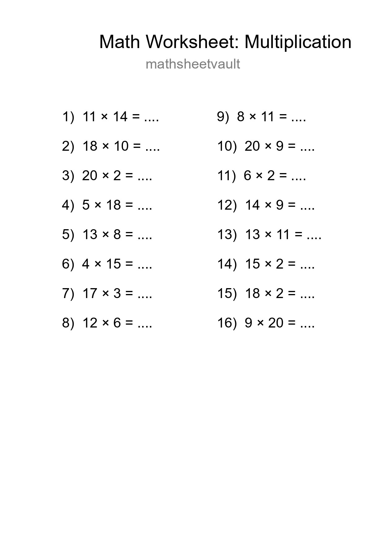 Grade 2 Multiplication Practice Worksheet (16 Problems) - Part 51