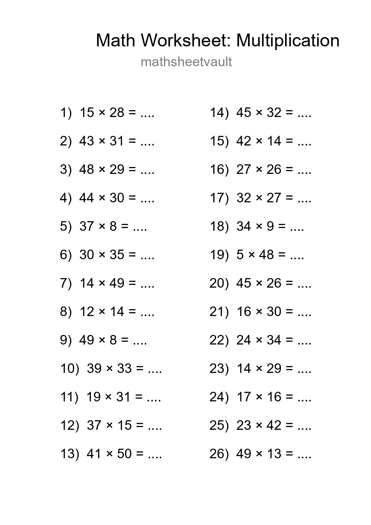 Grade 2 Multiplication Practice Worksheet (26 Problems) - Part 40
