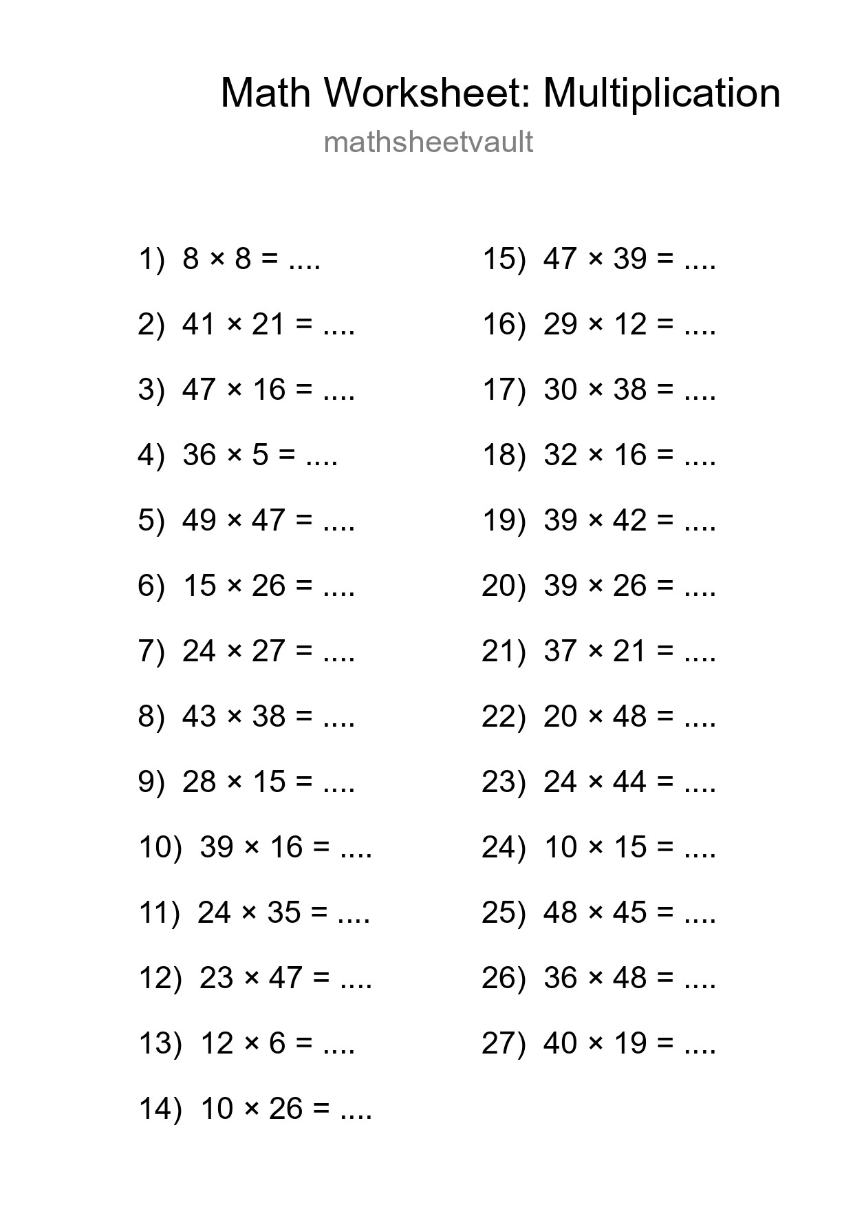 Grade 2 Multiplication Practice Worksheet (27 Problems) - Part 205