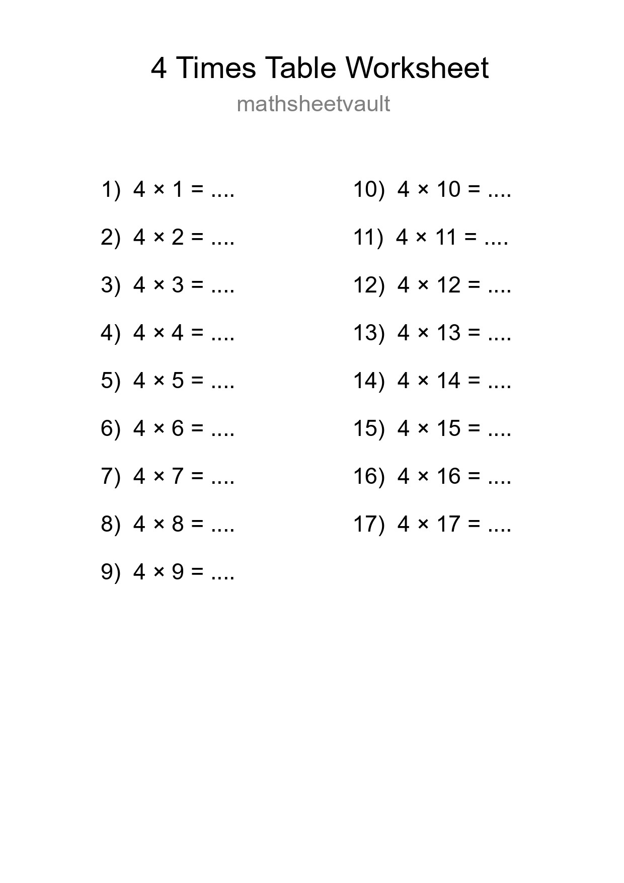Grade 2 Multiplication Table 4 Practice - Part 42