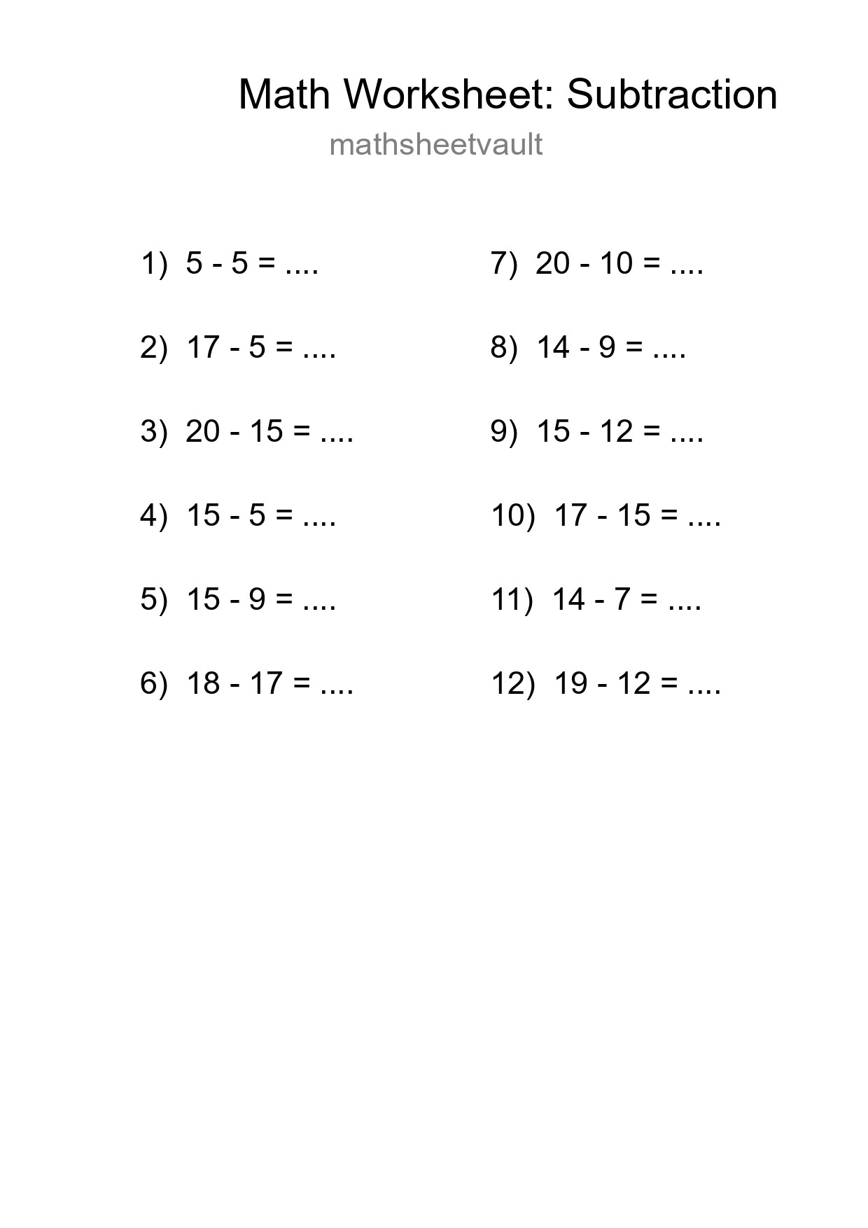 Grade 2 Subtraction Practice Worksheet (12 Problems) - Part 239