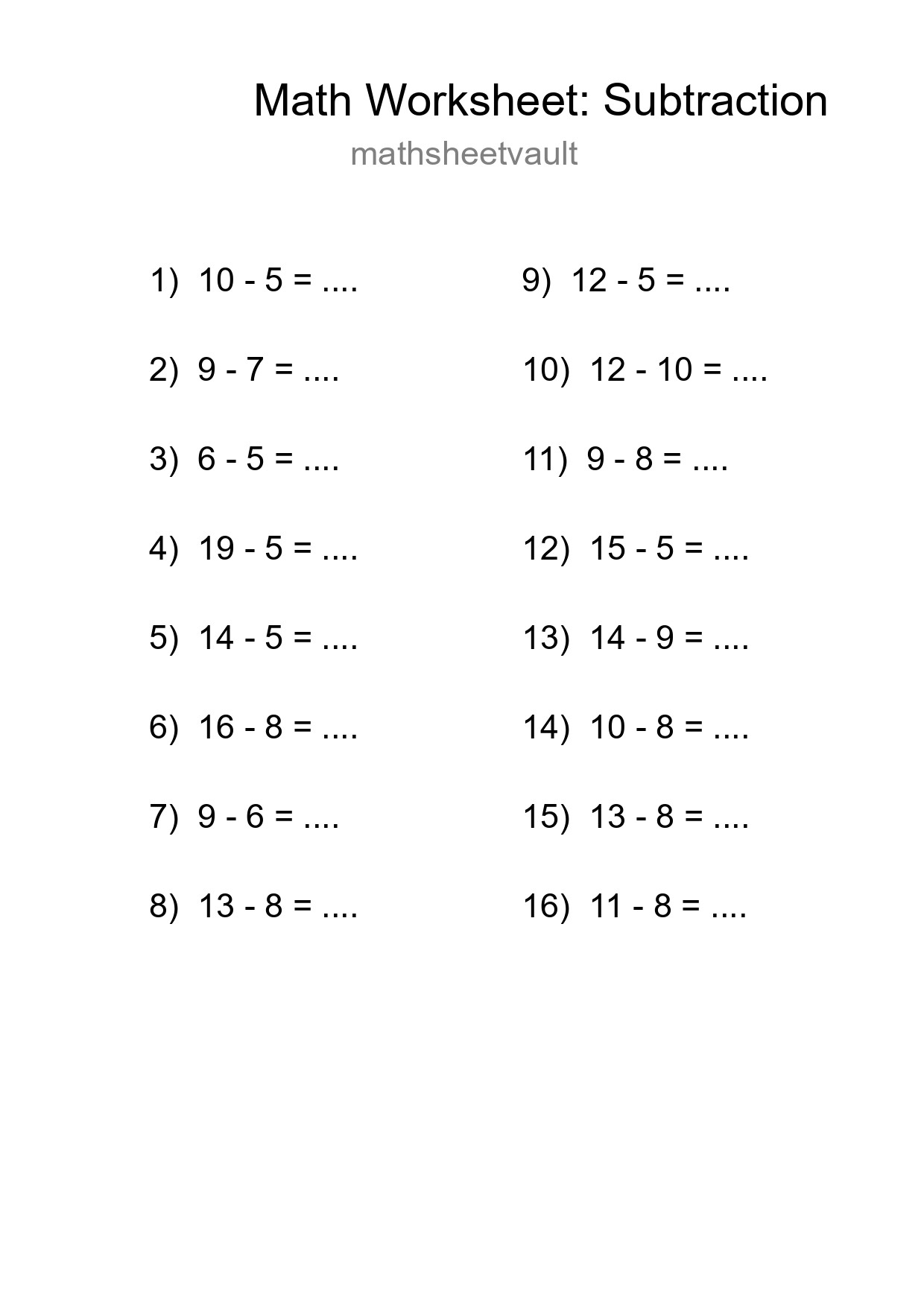 Grade 2 Subtraction Practice Worksheet (16 Problems) - Part 85