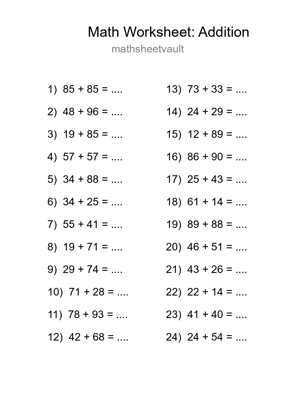 Grade 3 Addition Practice Worksheet (24 Problems) - Part 12
