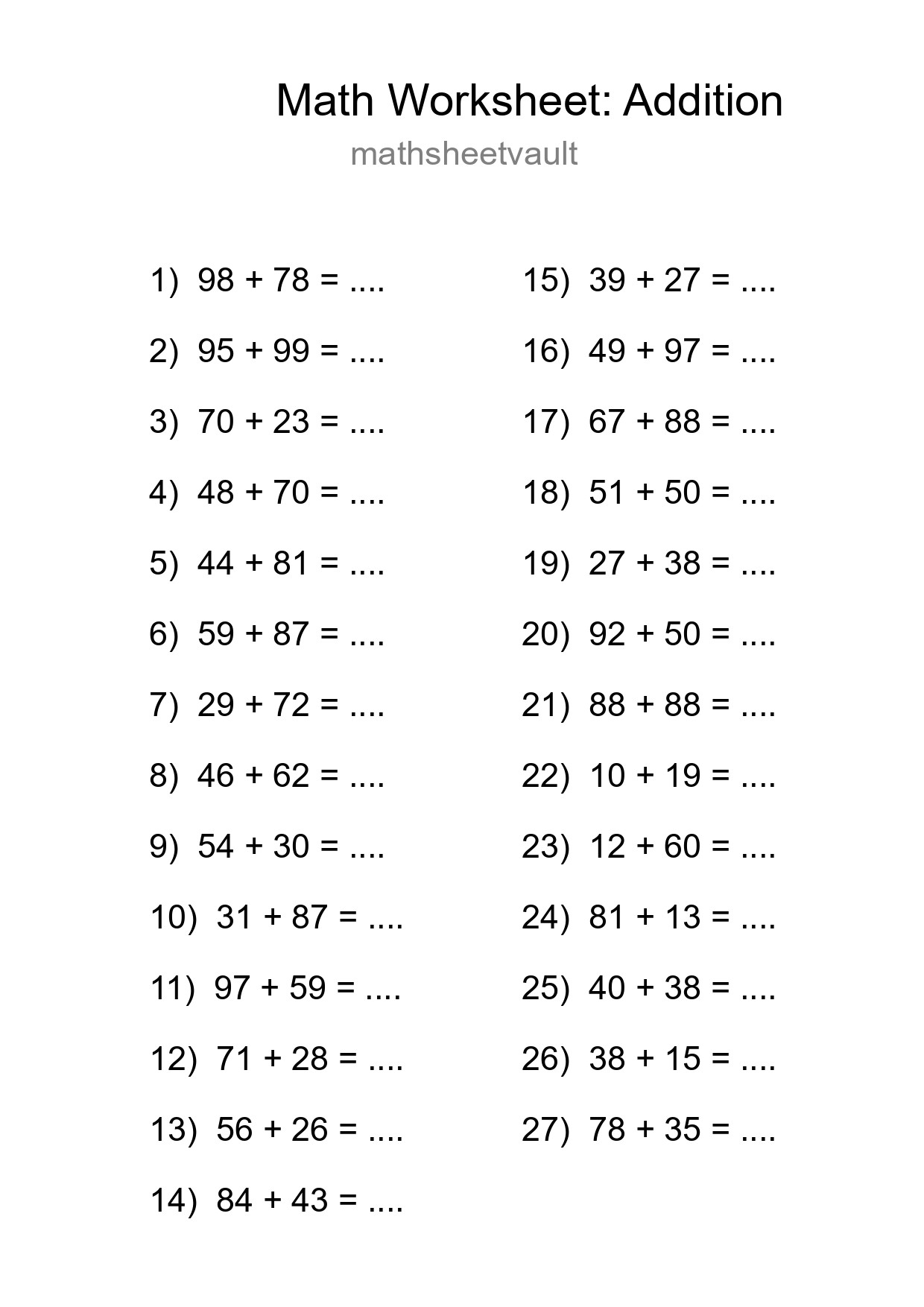 Grade 3 Addition Practice Worksheet (27 Problems) - Part 177
