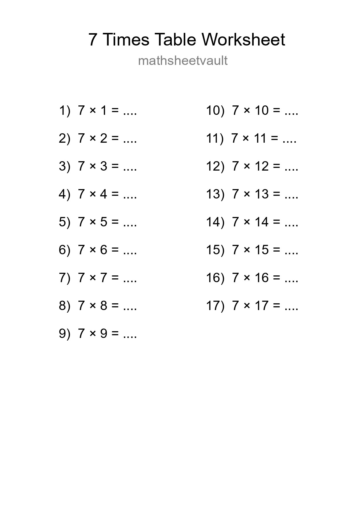 Grade 3 Multiplication Table 7 Practice - Part 9