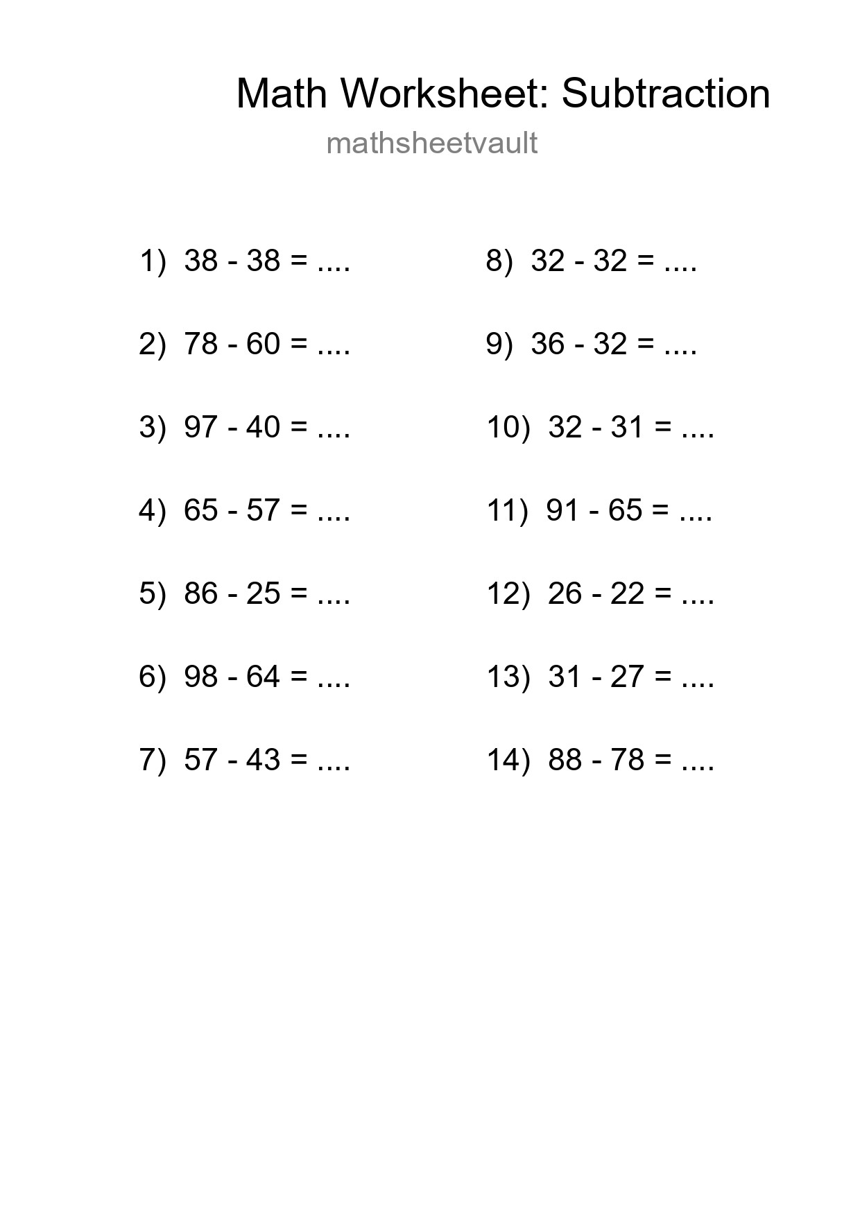 Grade 3 Subtraction Practice Worksheet (14 Problems) - Part 118
