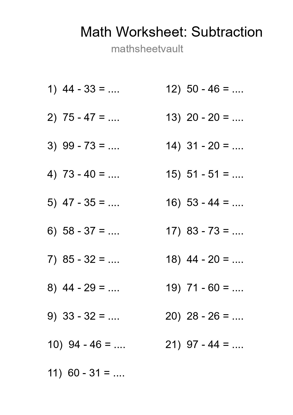 Grade 3 Subtraction Practice Worksheet (21 Problems) - Part 294