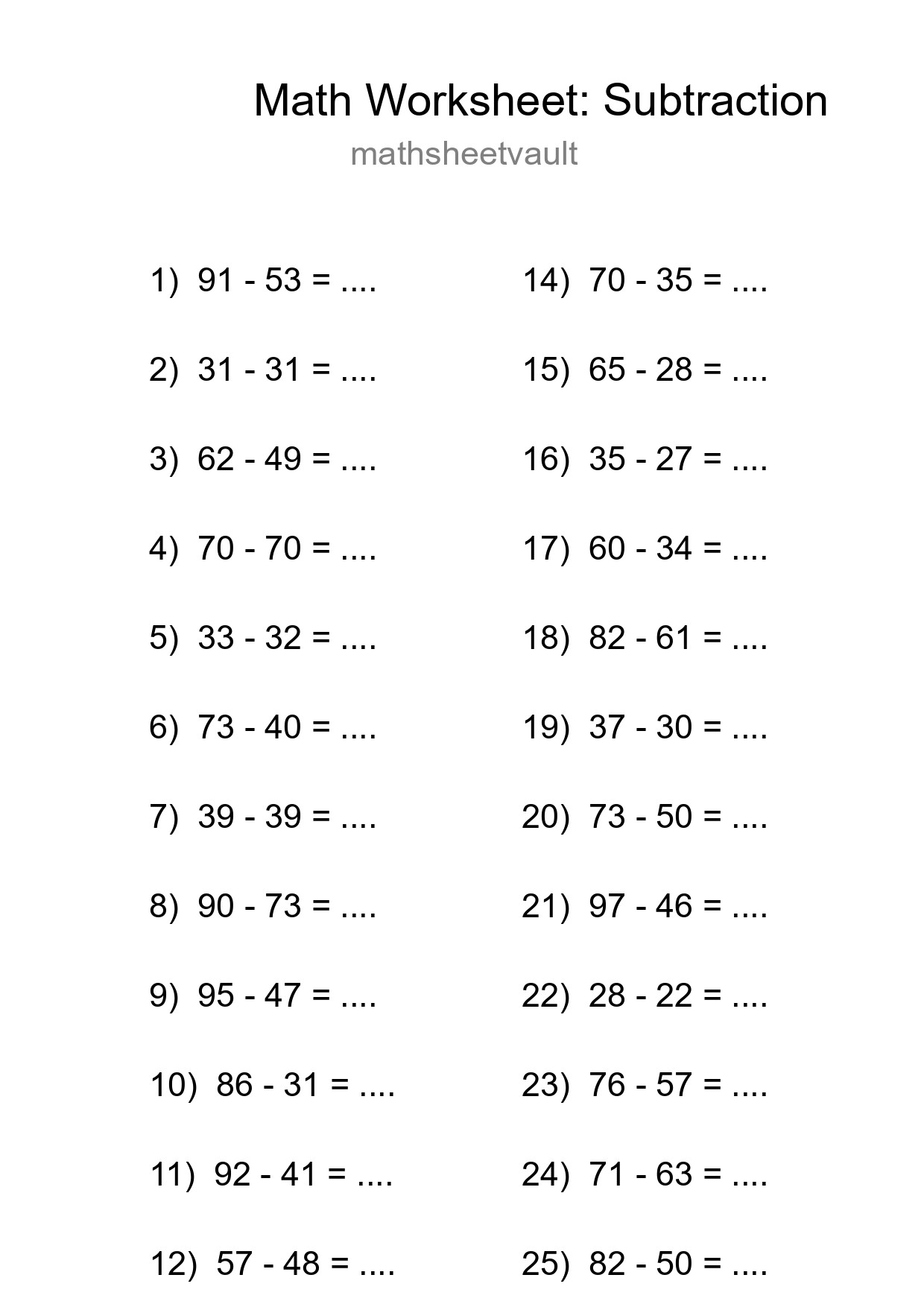Grade 3 Subtraction Practice Worksheet (26 Problems) - Part 63